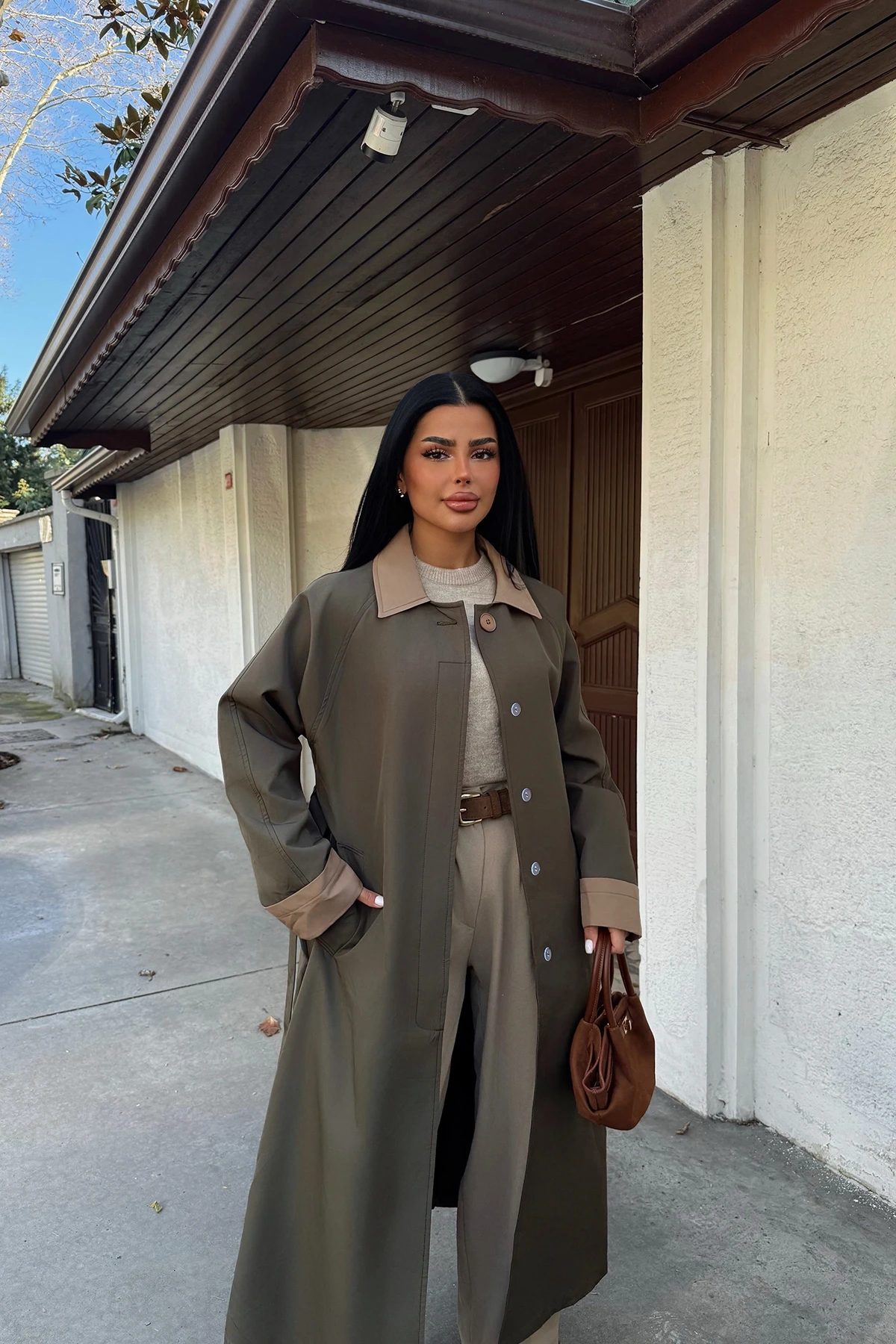 Picture of Khaki Shirt Collar Long Trench Coat