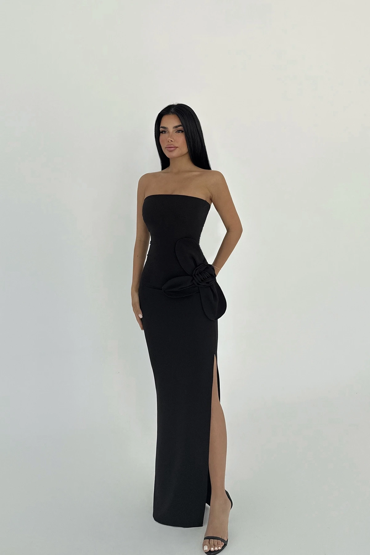 Picture of Black Rose Detail Strapless Dress