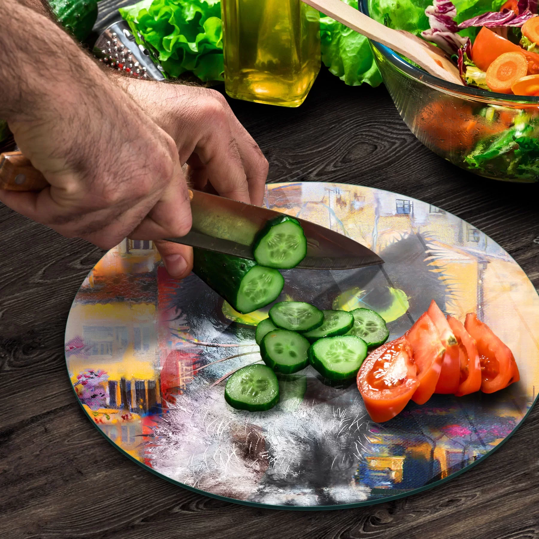 Picture of Decovetro Cam Kesme Tahtası ve Sunumluk Yuvarlak Beyaz Kedi Desenli 30x30 Cm