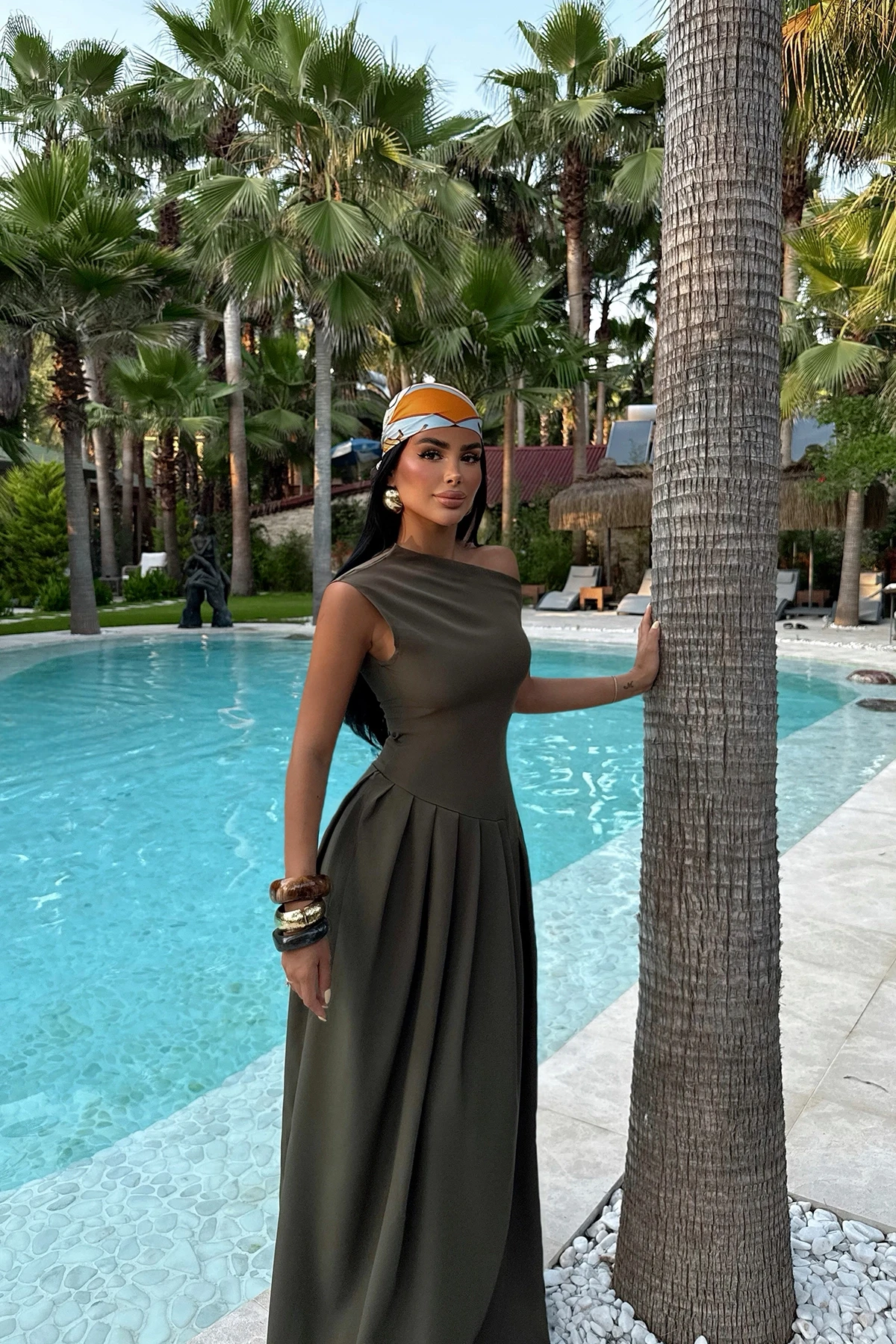 Picture of Khaki Bimala Boat Neck Dress