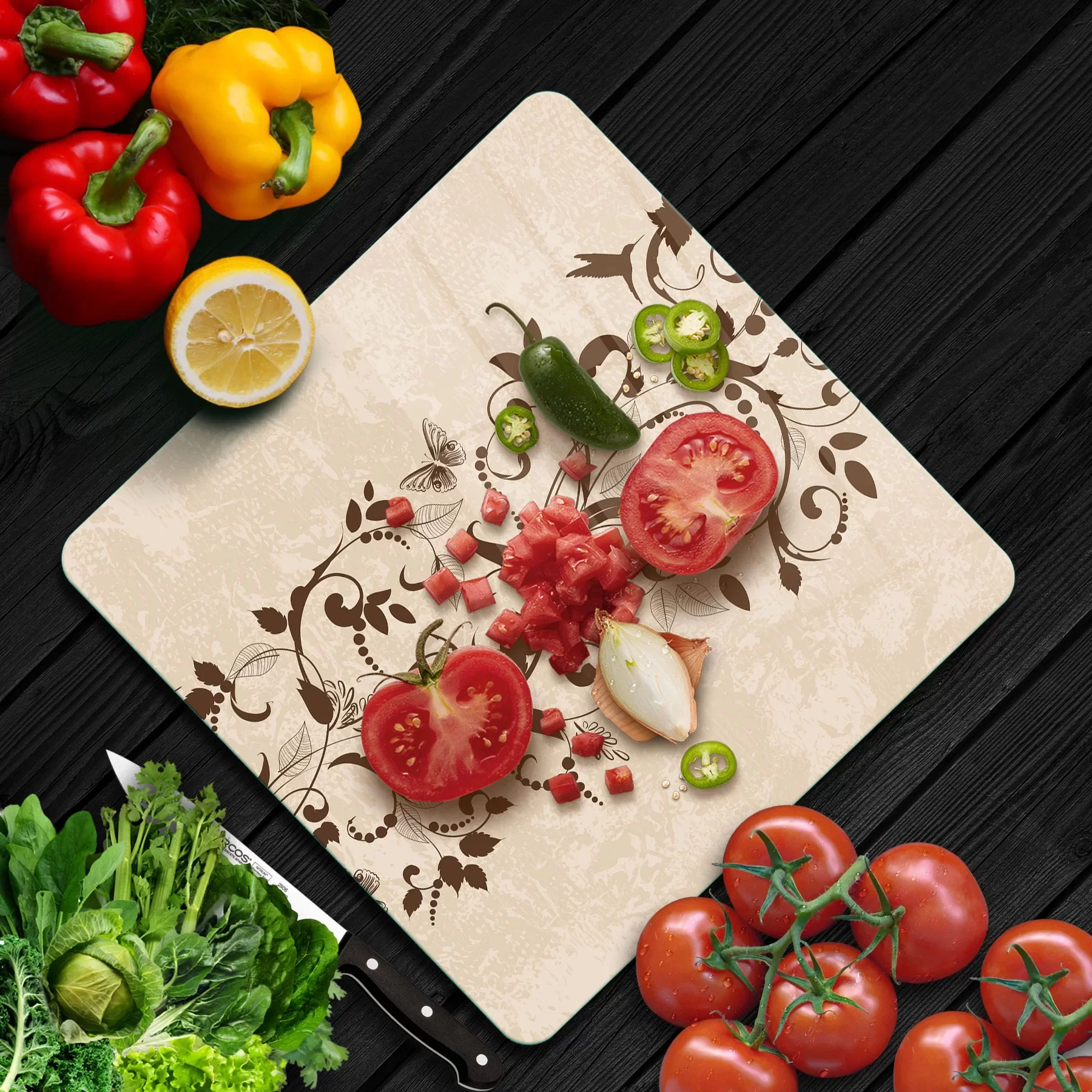 Picture of Decovetro Cam Kesme Tahtası ve Sunumluk Kare Sarmaşık Desenli 30x30 Cm