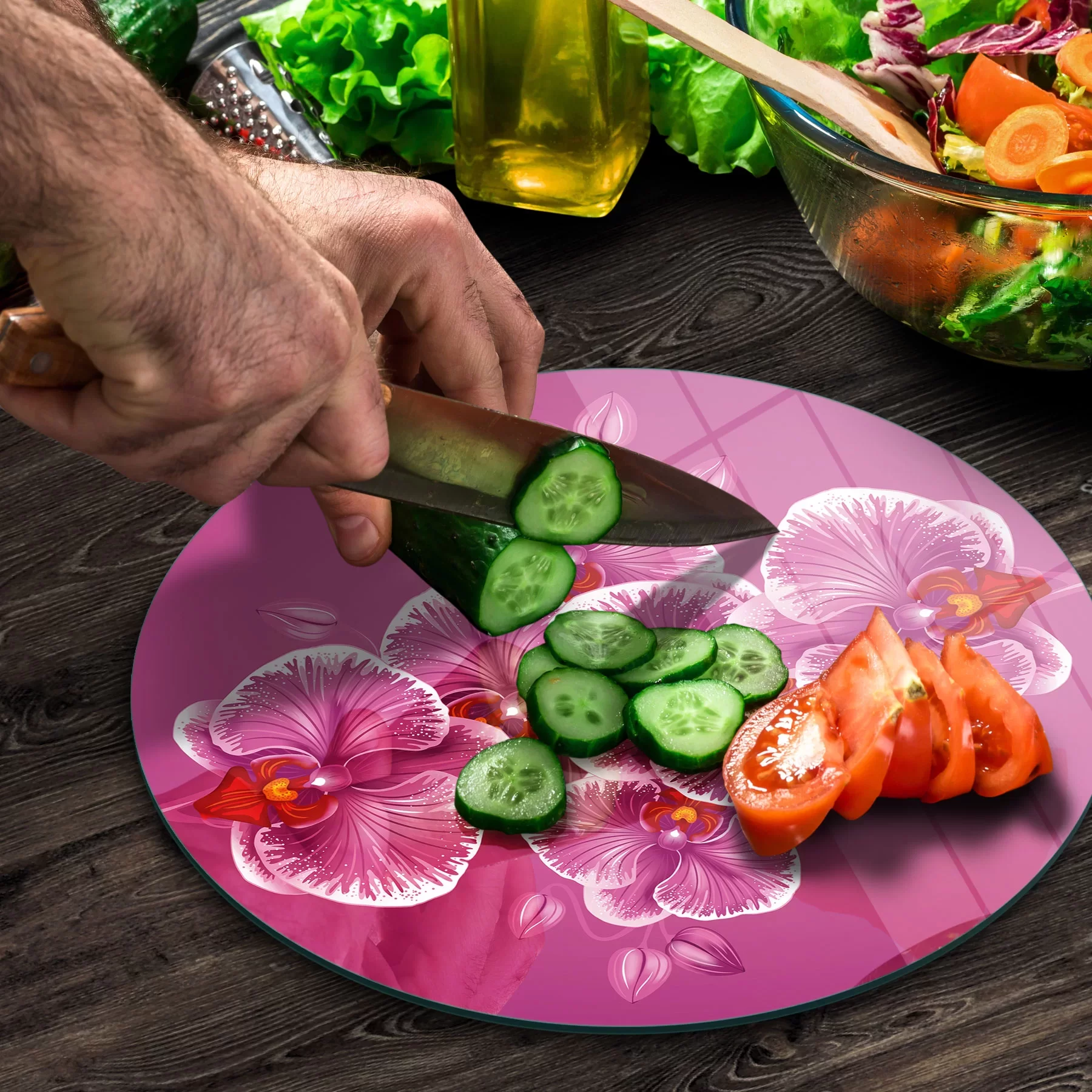 Picture of Decovetro Cam Kesme Tahtası ve Sunumluk Yuvarlak Vintage Orkide Desenli 30x30 Cm