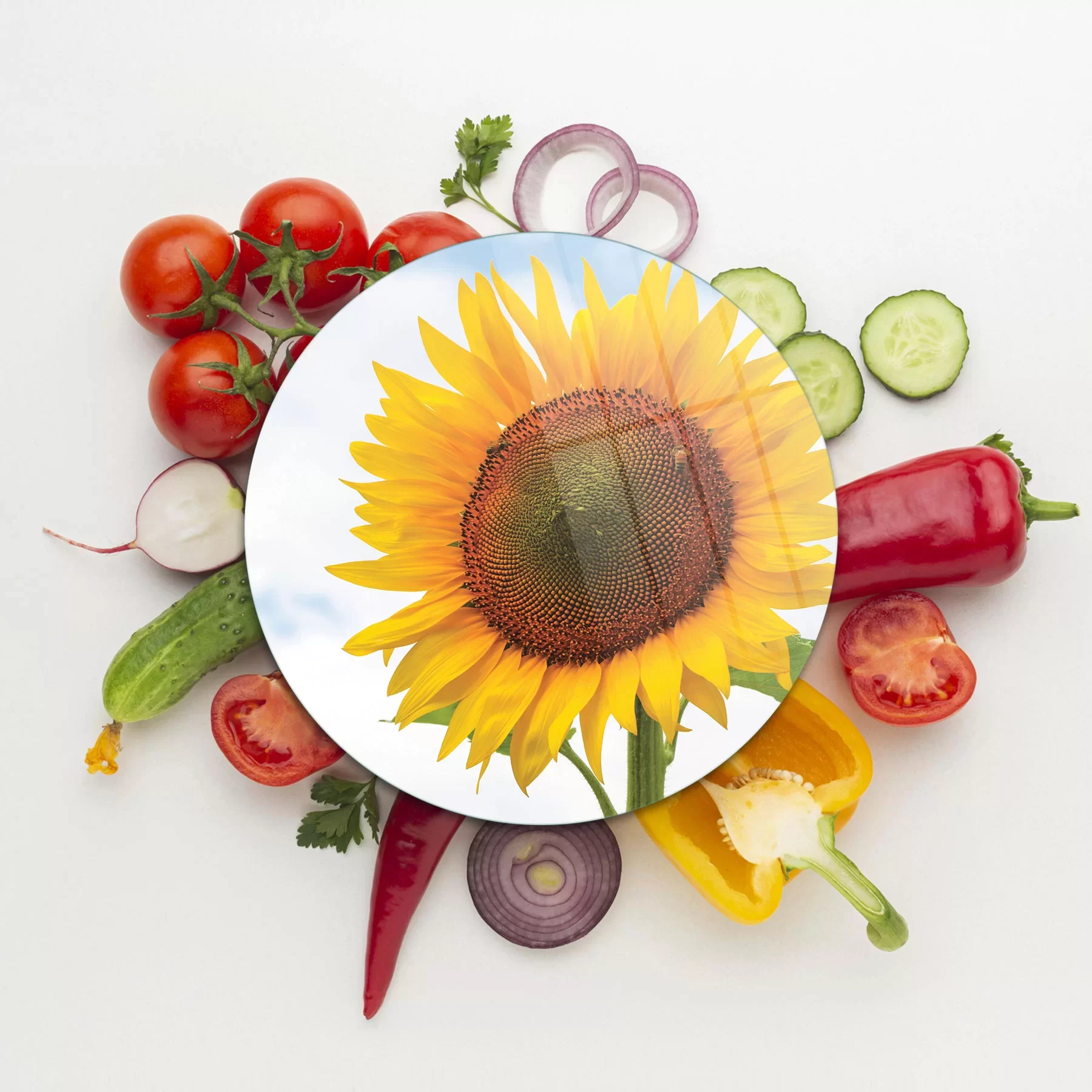 Picture of Decovetro Cam Kesme Tahtası ve Sunumluk Yuvarlak Ayçiçeği Desenli 30x30 Cm