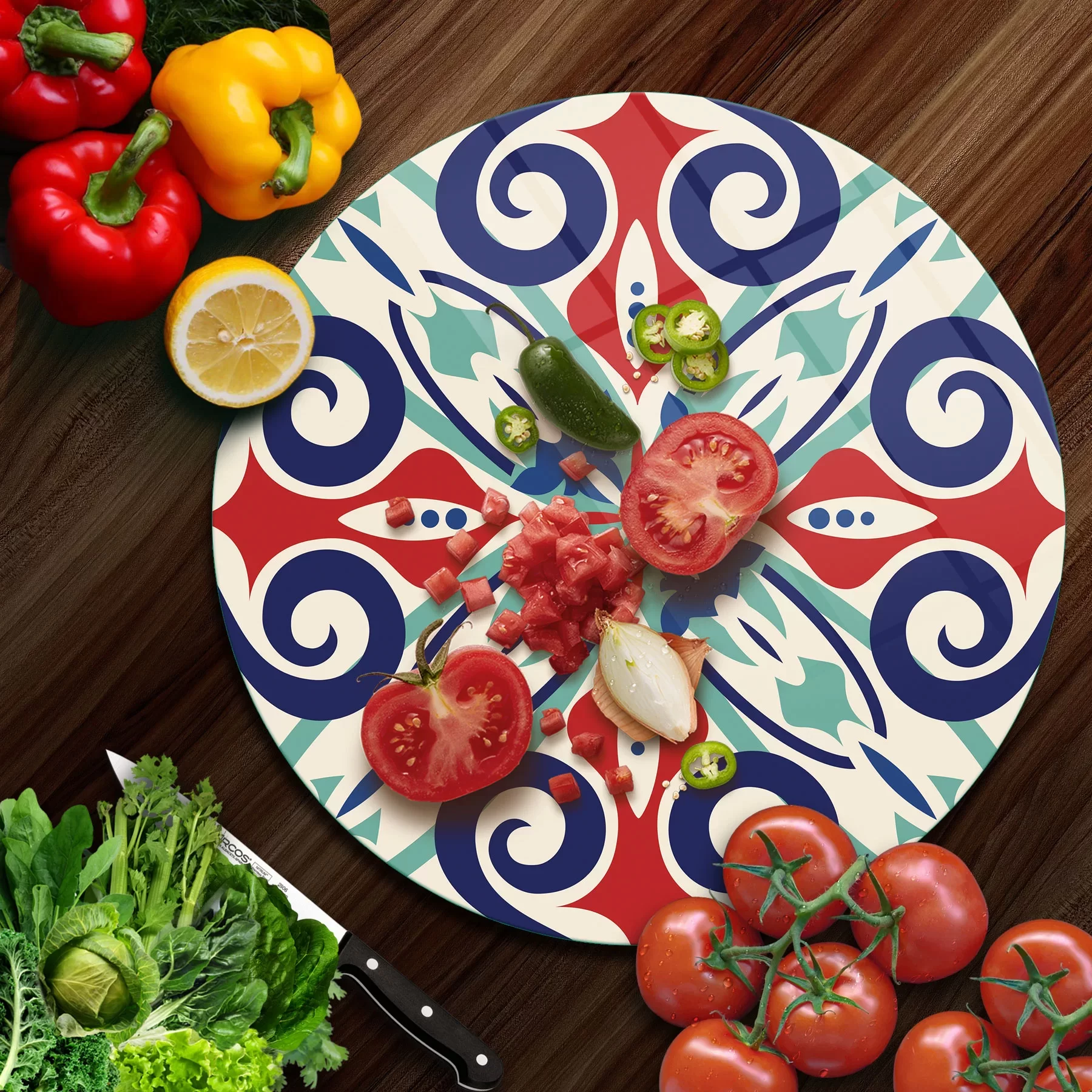 Picture of Decovetro Cam Kesme Tahtası ve Sunumluk Yuvarlak Çini Motif Desenli 30x30 Cm