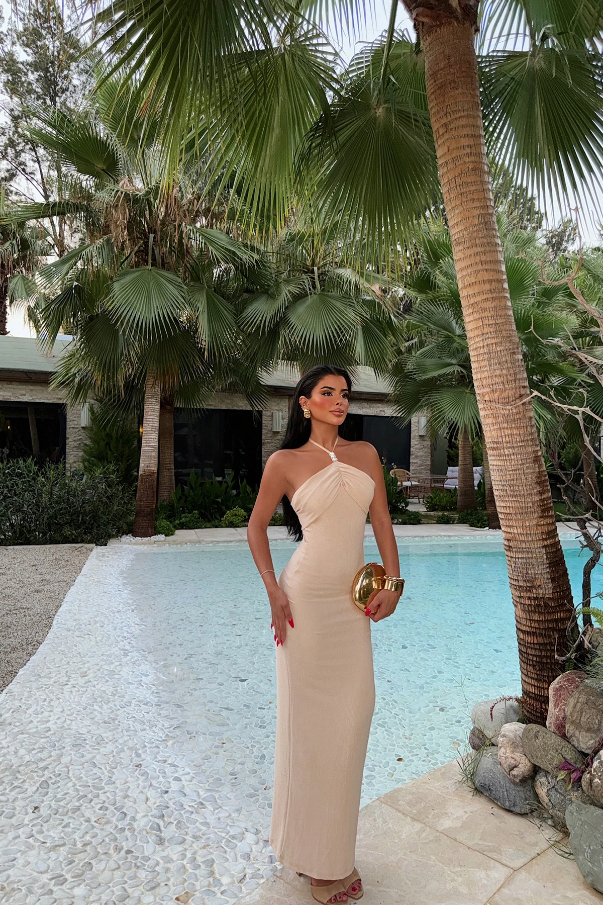 Picture of Beige Nina Pearl Detailed Halter Neck Dress