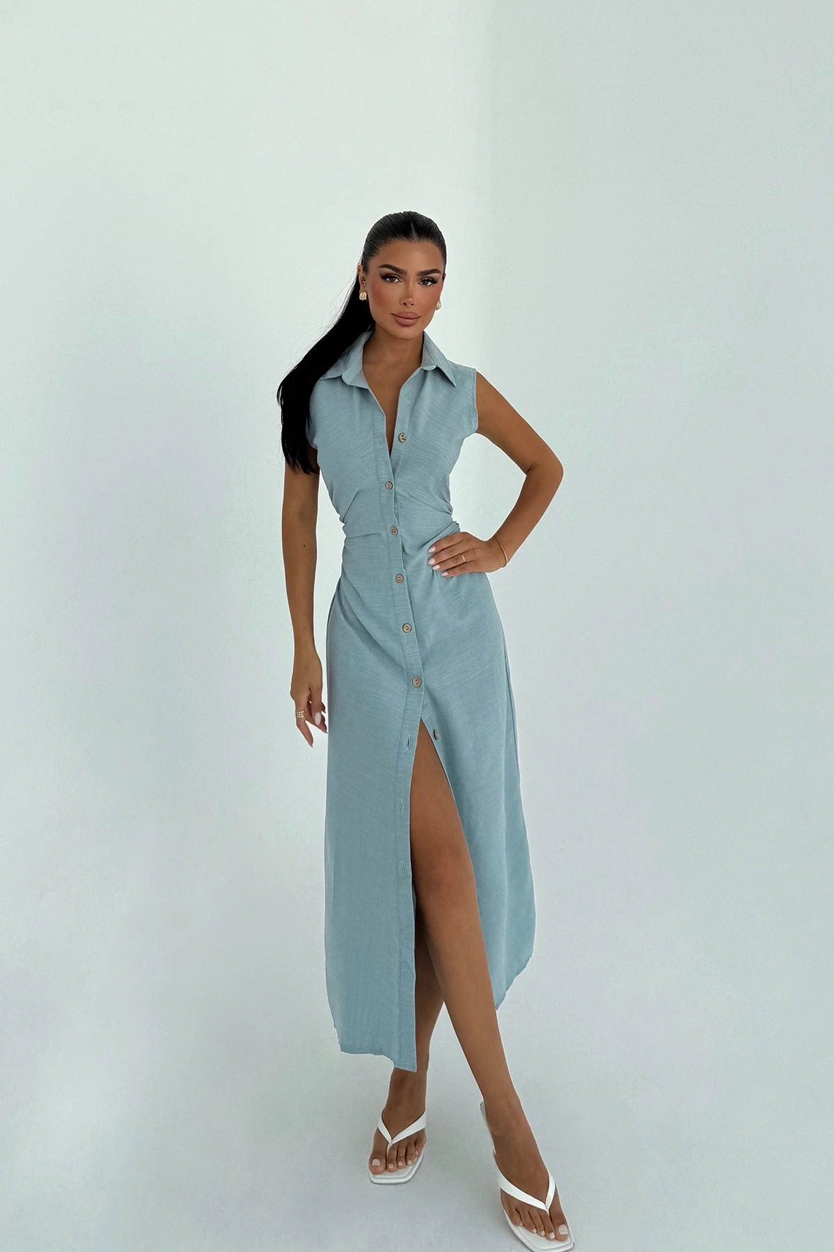 Picture of Blue Lyza Long Button-Down Dress