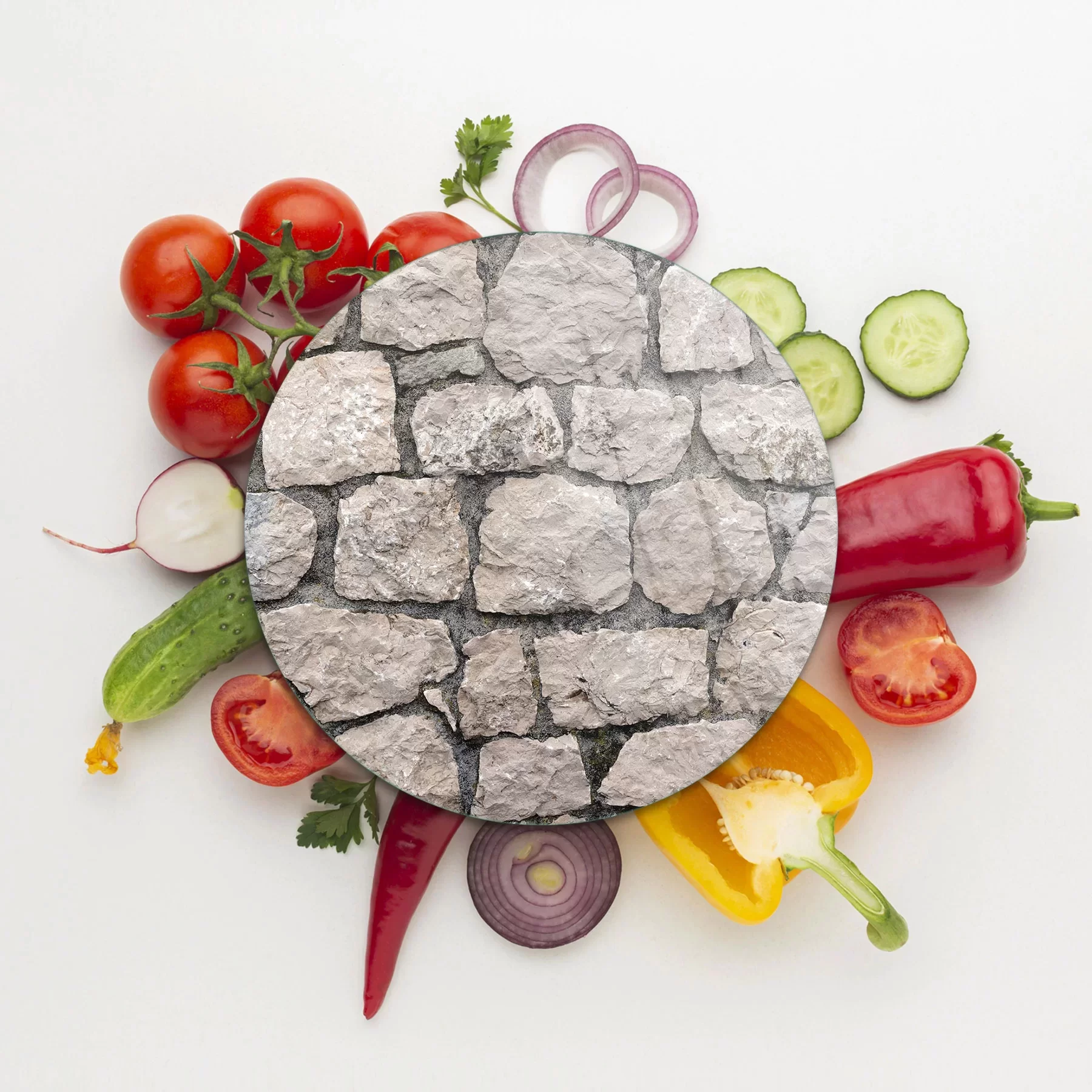 Picture of Decovetro Cam Kesme Tahtası ve Sunumluk Yuvarlak Taş Duvar Desenli 30x30 Cm