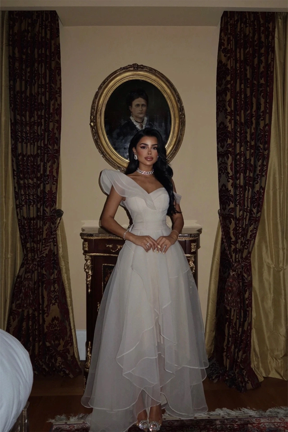 Picture of Beige Tulle Detail Long Evening Dress