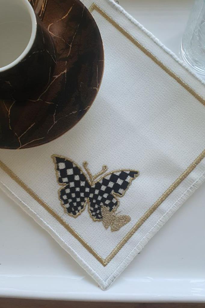 Picture of Kelebek Nakışlı Keten Kare Bardak Altlığı Seti 6 Lı