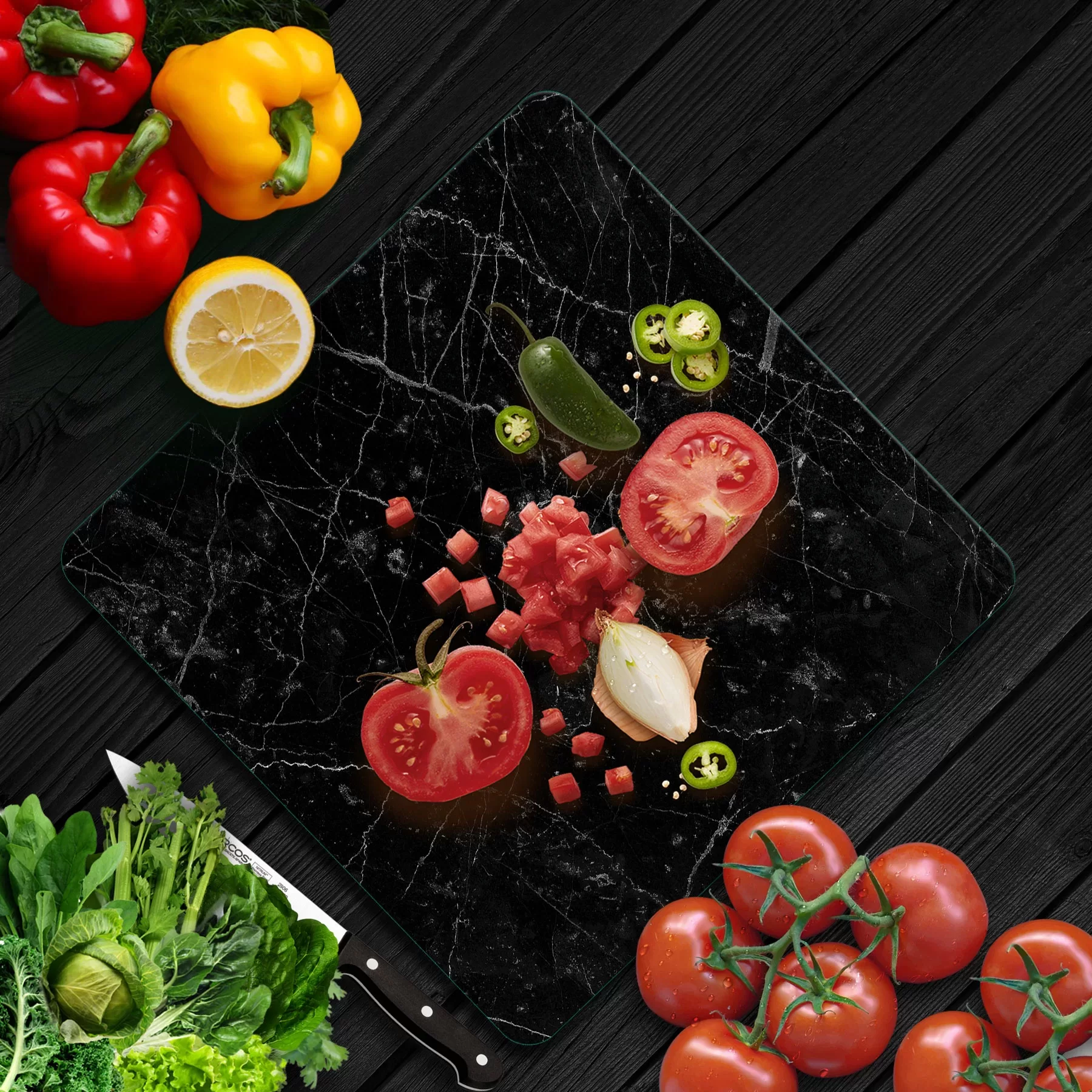 Picture of Decovetro Cam Kesme Tahtası ve Sunumluk Kare Siyah Granit Desenli 30x30 Cm