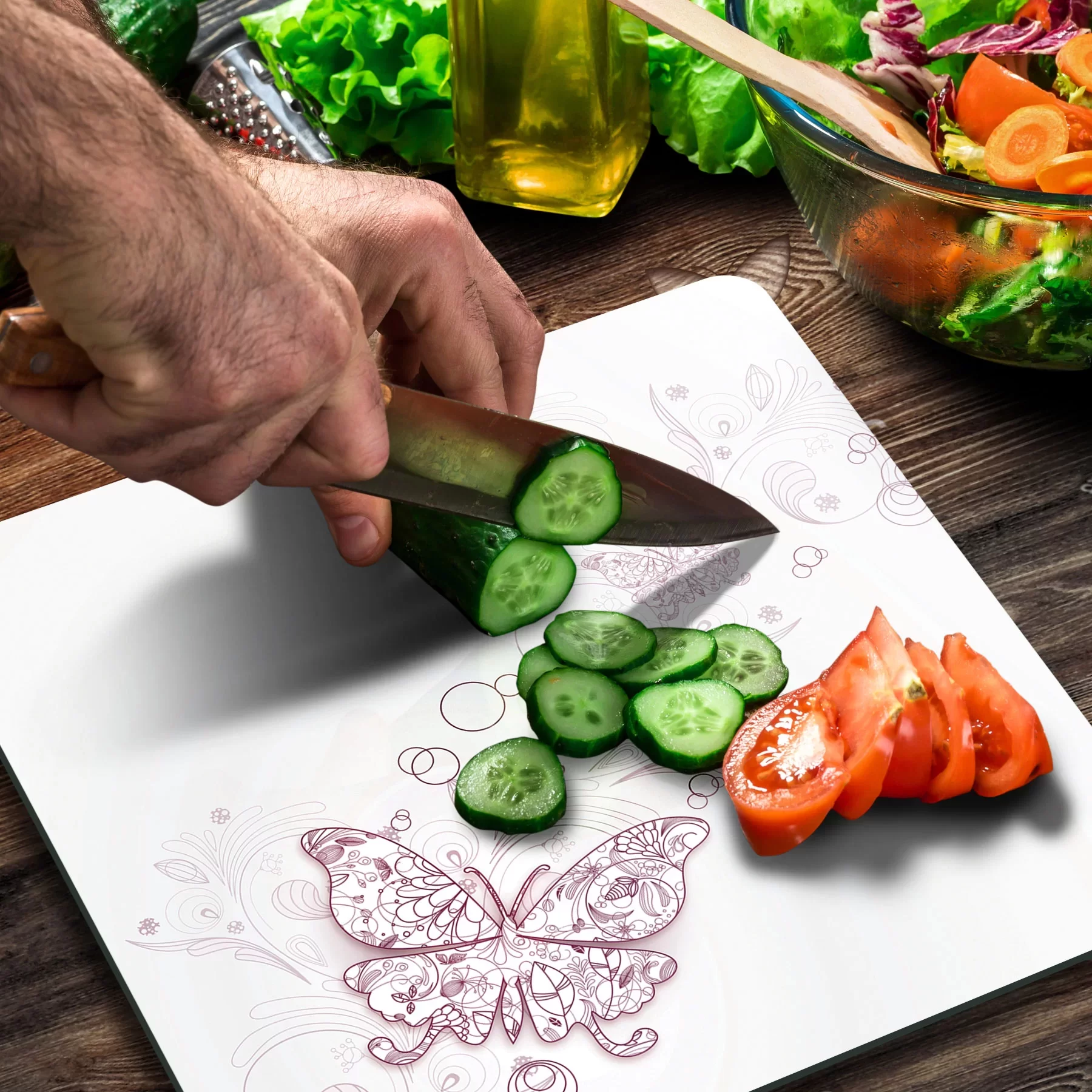 Picture of Decovetro Cam Kesme Tahtası ve Sunumluk Kare Vintage Kelebek Desenli 30x30 Cm