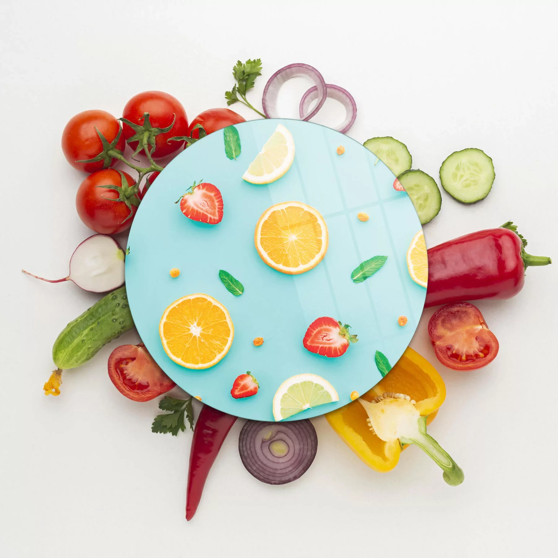 Picture of Decovetro Cam Kesme Tahtası ve Sunumluk Yuvarlak Meyve Desenli 30x30 Cm