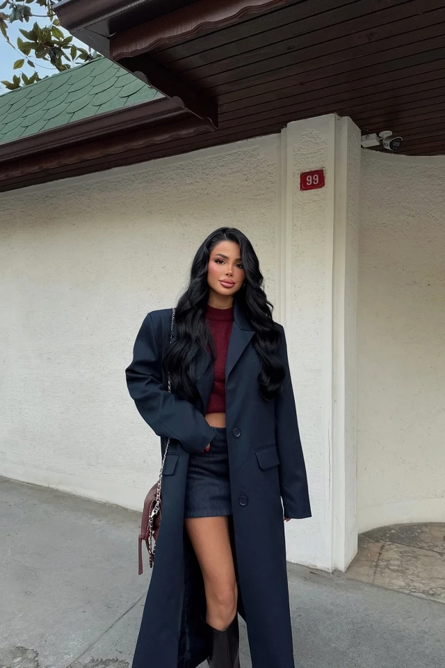 Picture of Navy Blue Button Front Pocket Detail Coat