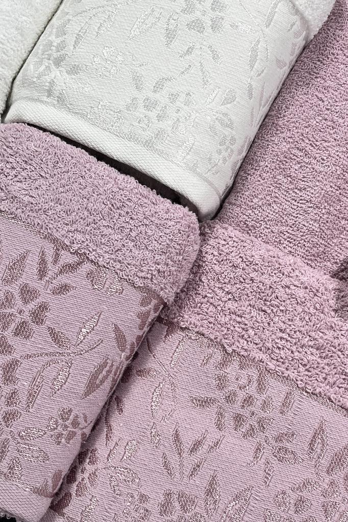 Picture of Platin Jakarlı 10 Parça Aile Bornoz Takımı Krem Mürdüm