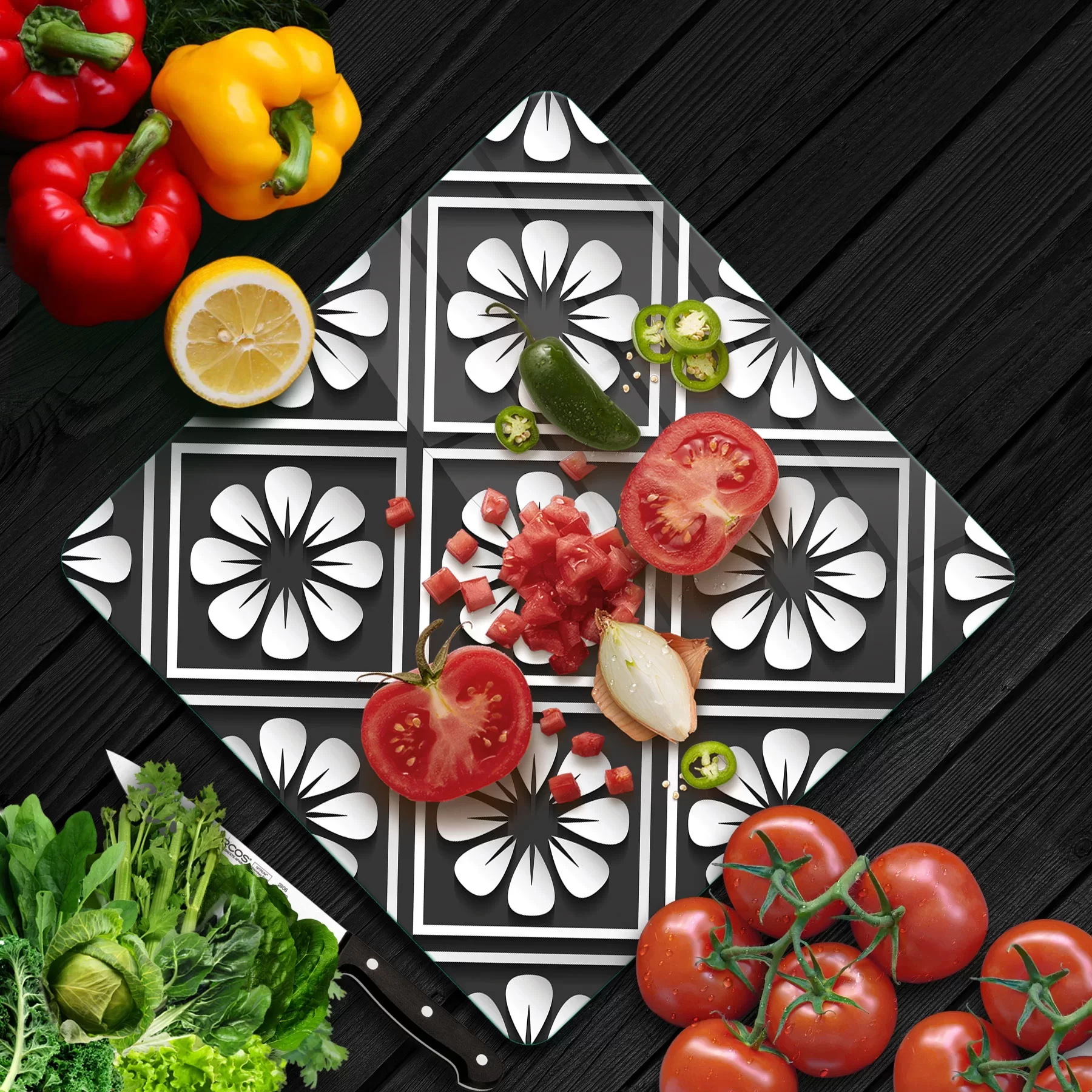 Picture of Decovetro Cam Kesme Tahtası ve Sunumluk Kare Çini Çiçek Desenli 30x30 Cm