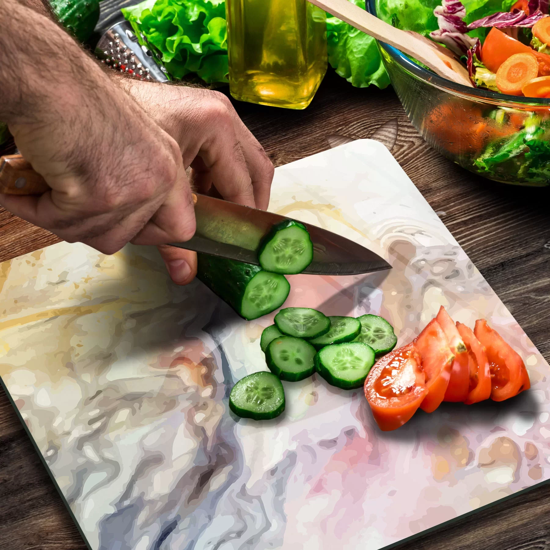 Picture of Decovetro Cam Kesme Tahtası ve Sunumluk Kare Karışık Dalgalı Mermer Desenli 30x30 Cm