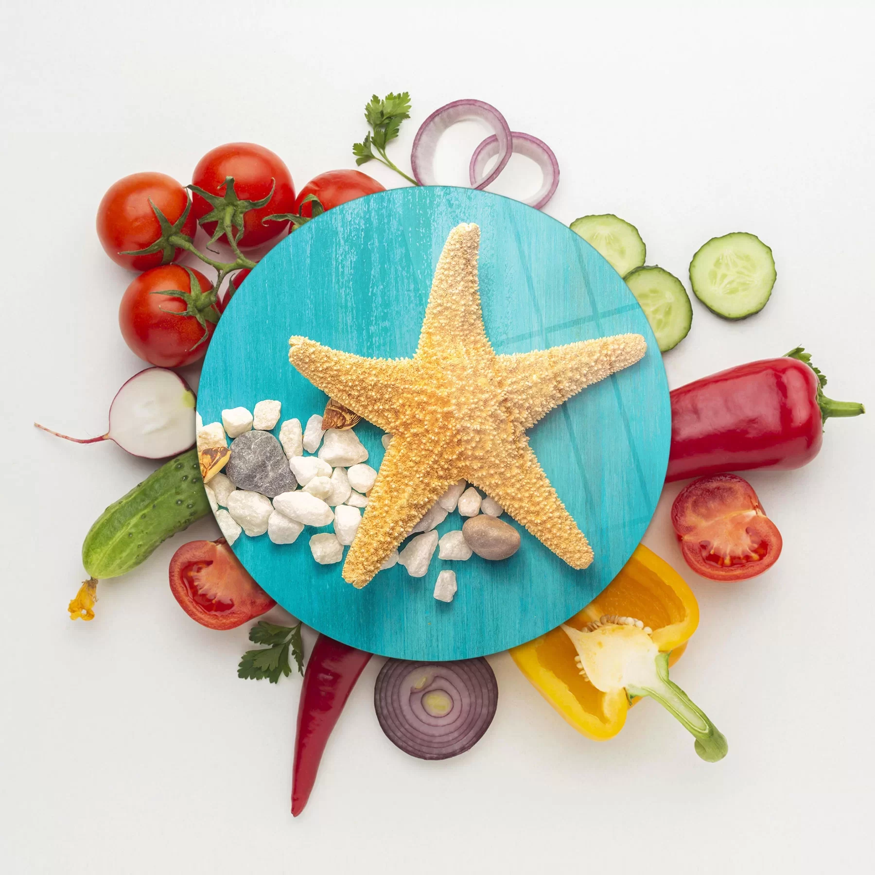 Picture of Decovetro Cam Kesme Tahtası ve Sunumluk Yuvarlak Turkuaz Deniz Yıldızı Desenli 30x30 Cm