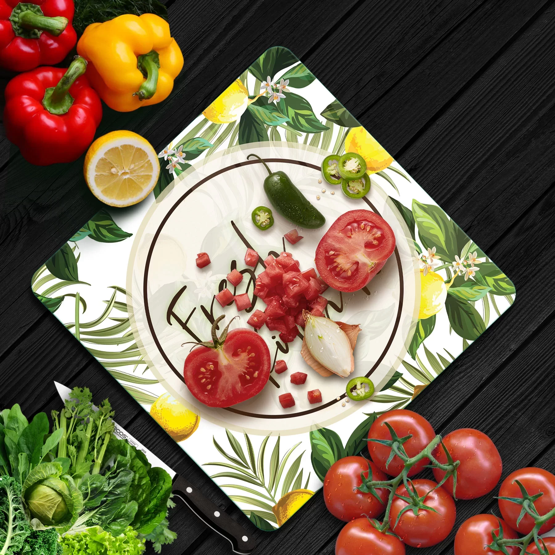 Picture of Decovetro Cam Kesme Tahtası ve Sunumluk Kare Fresh Kitchen Desenli 30x30 Cm