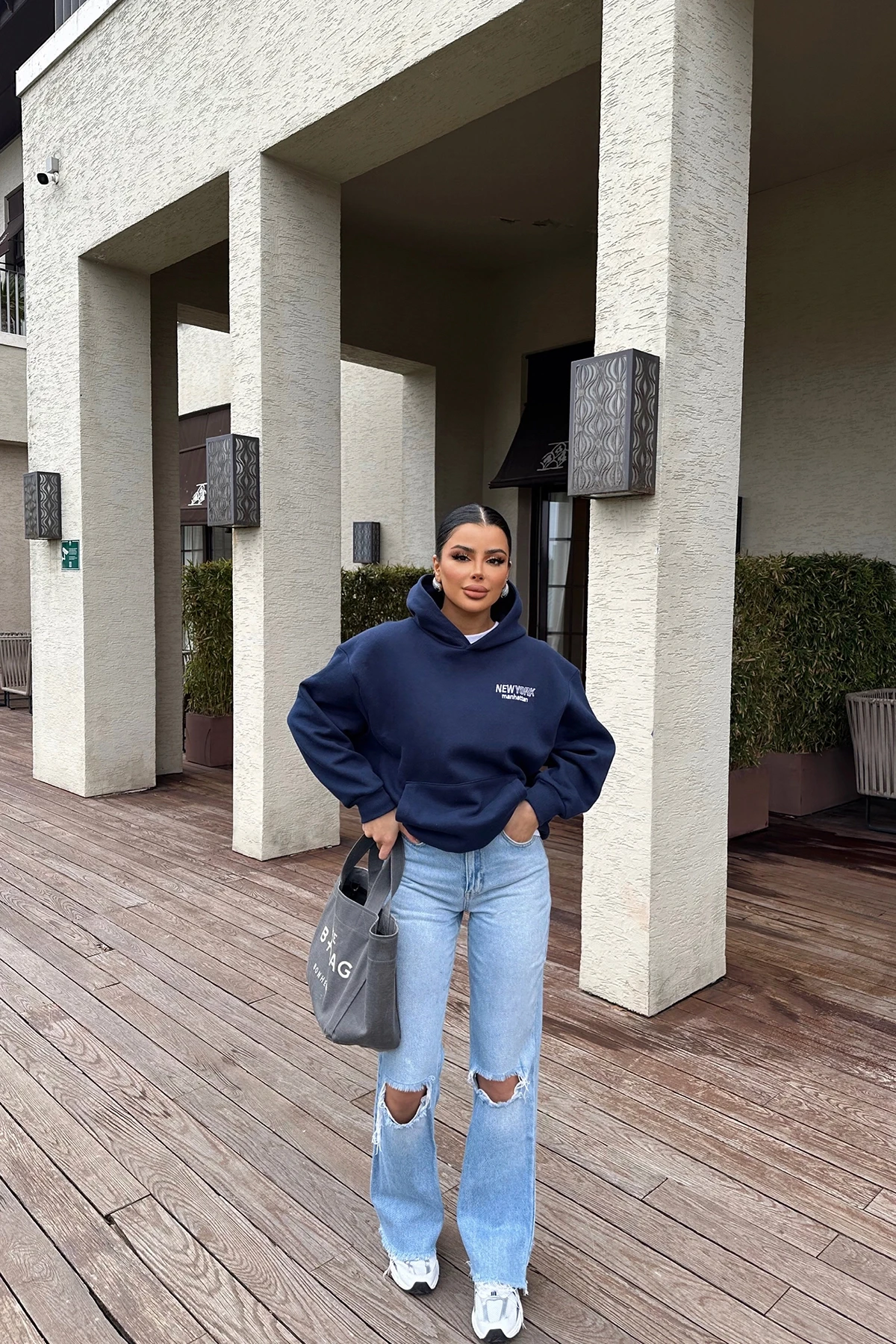 Picture of Navy Blue New York Written Hooded Sweat