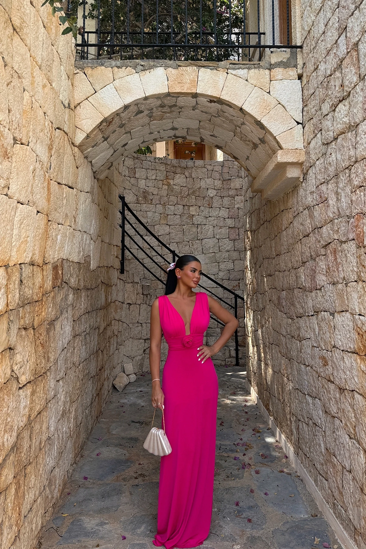 Picture of Fuchsia Isolated Rose Detailed Dress