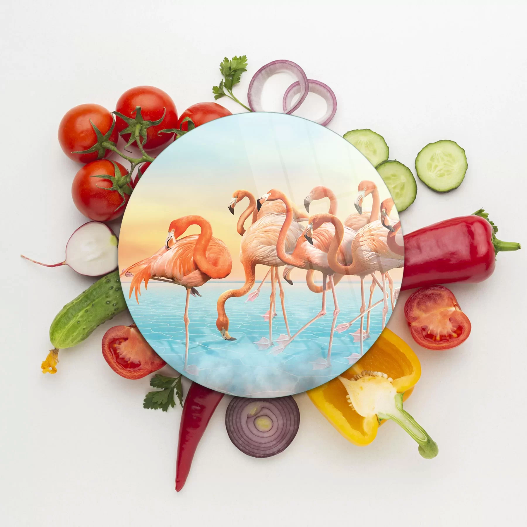 Picture of Decovetro Cam Kesme Tahtası ve Sunumluk Yuvarlak Flamingo Desenli 30x30 Cm