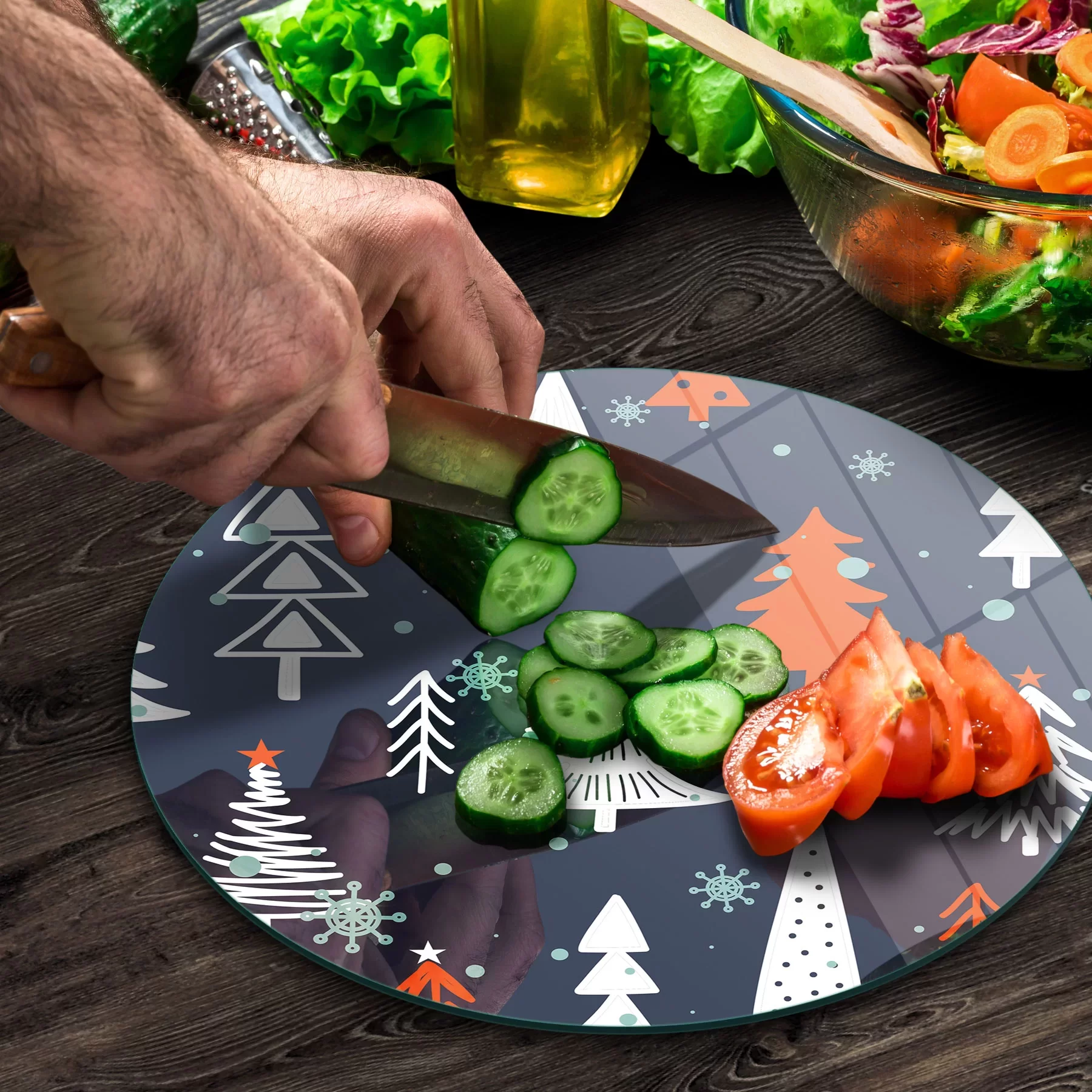 Picture of Decovetro Cam Kesme Tahtası ve Sunumluk Yuvarlak Ağaç Desenli 30x30 Cm