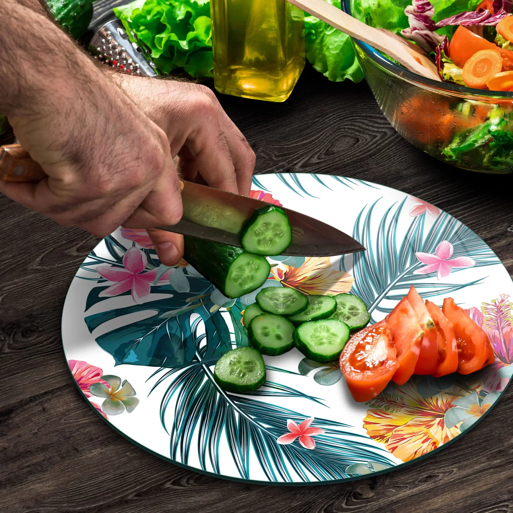 Picture of Decovetro Cam Kesme Tahtası ve Sunumluk Yuvarlak Tropik Yaprak Beyaz Deseli 30x30 Cm