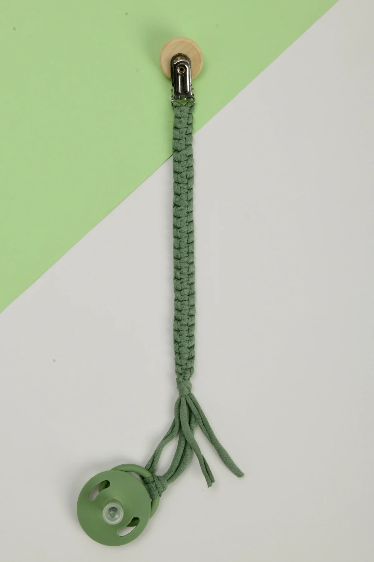 Picture of El Örmesi Doğal Ahşap Emzik Askısı - Baykuş - Yeşil