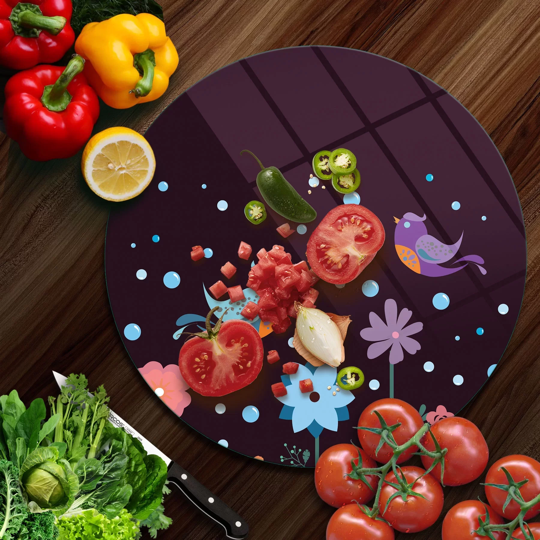 Picture of Decovetro Cam Kesme Tahtası ve Sunumluk Yuvarlak Aşk Kuşları Desenli 30 x 30 Cm