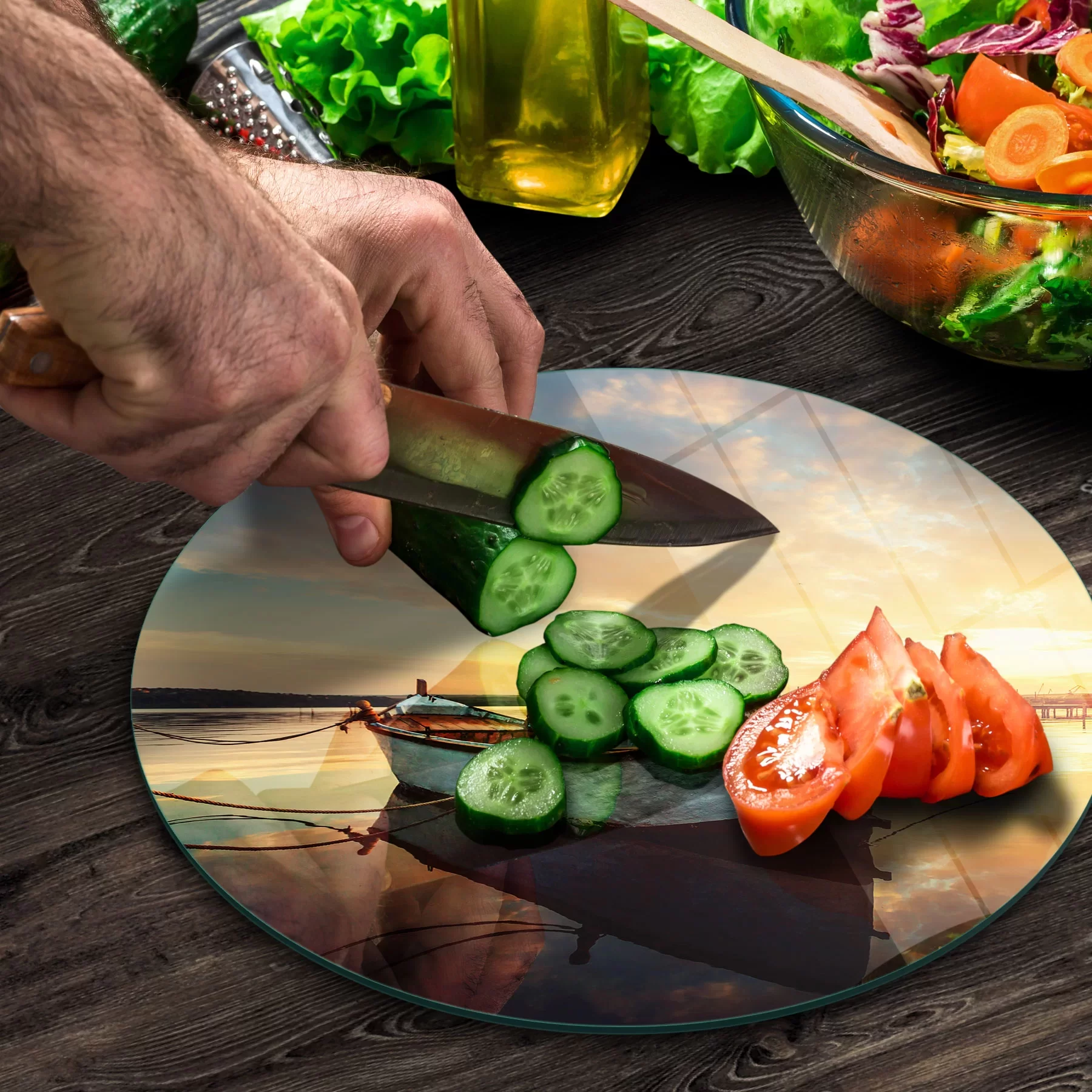 Picture of Decovetro Cam Kesme Tahtası ve Sunumluk Yuvarlak Kayık Desenli 30x30 Cm