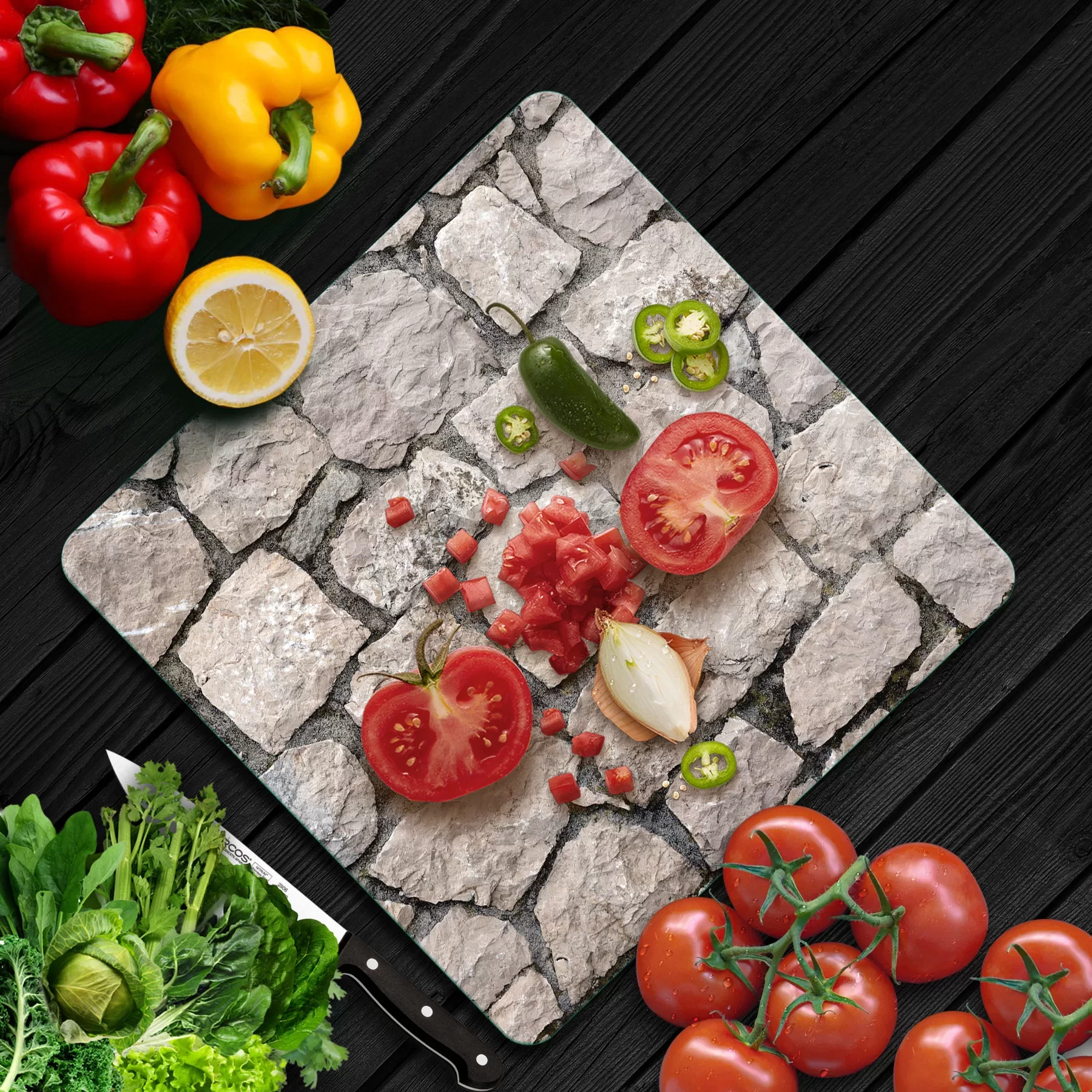 Picture of Decovetro Cam Kesme Tahtası ve Sunumluk Kare Taş Duvar Desenli 30x30 Cm