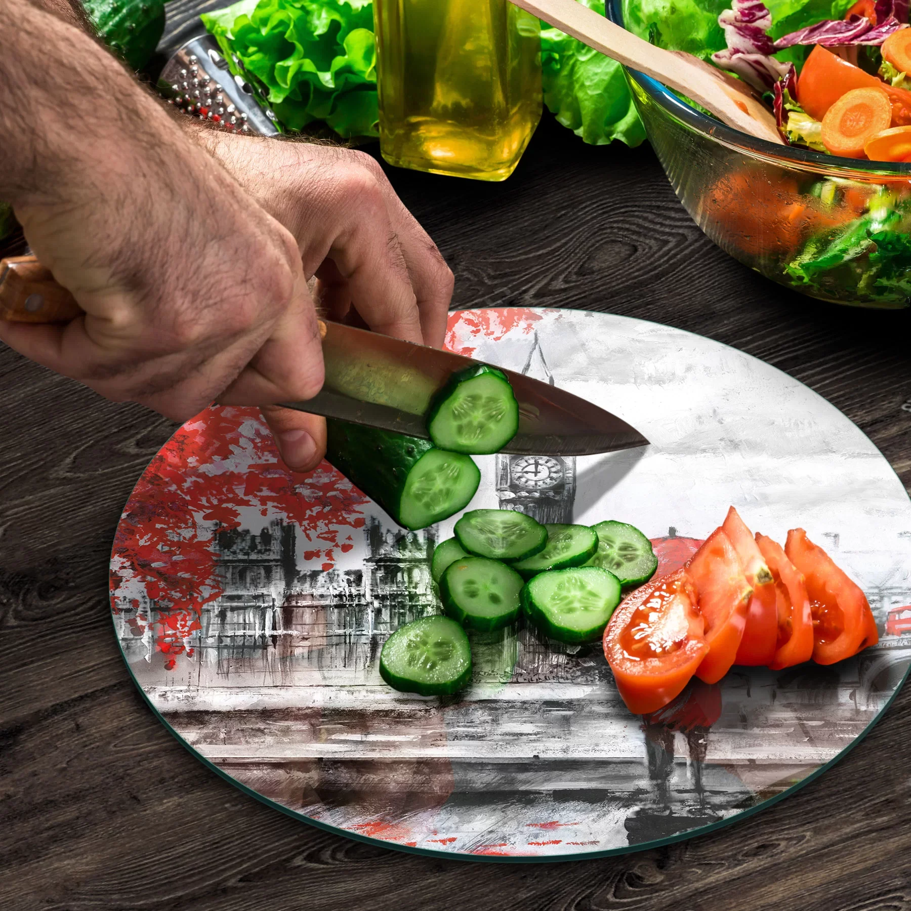 Picture of Decovetro Cam Kesme Tahtası ve Sunumluk Yuvarlak Love London Desenli 30x30 Cm