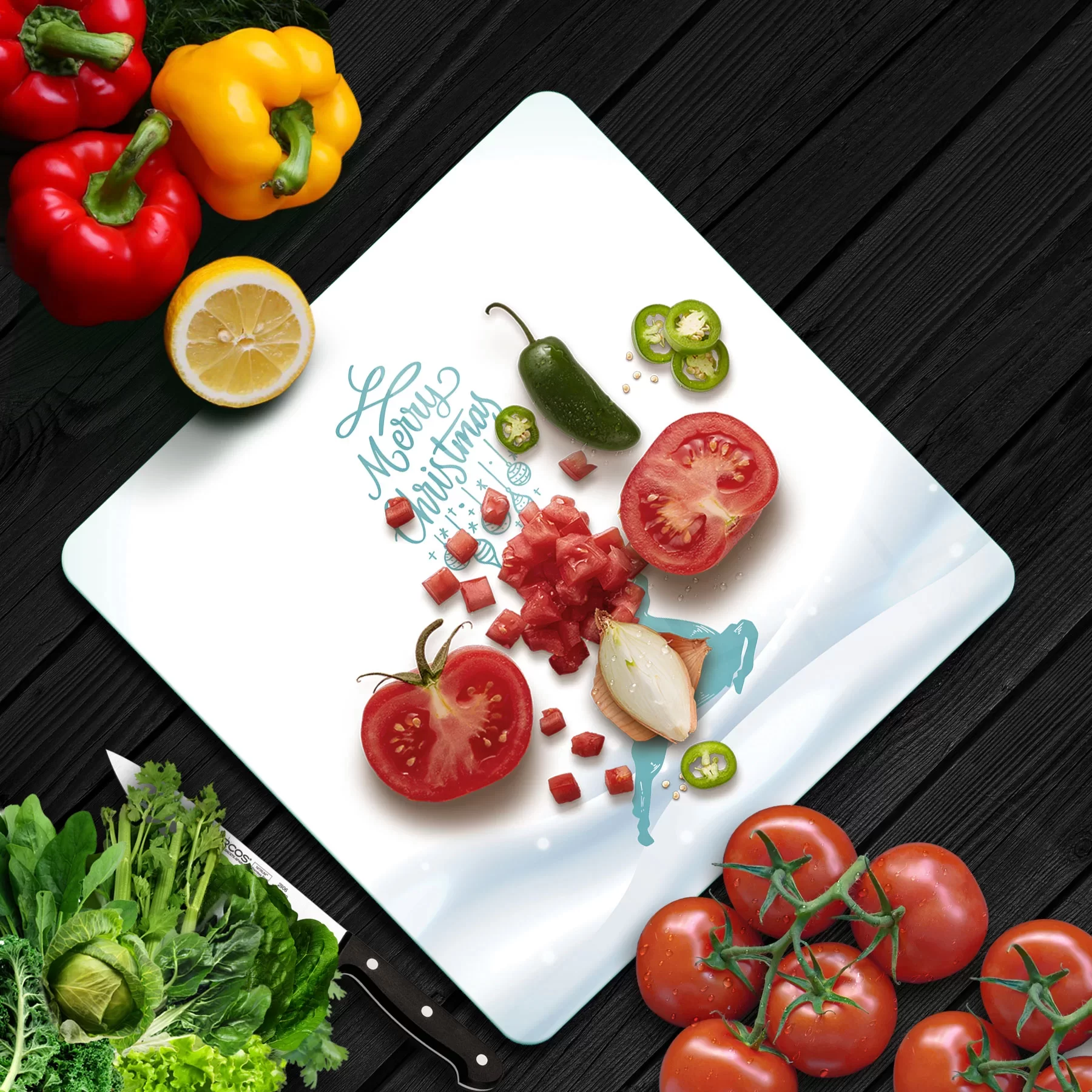 Picture of Decovetro Cam Kesme Tahtası ve Sunumluk Kare Yılbaşı Geyik Desenli 30x30 Cm