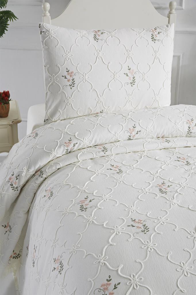 Picture of Pinkrose Nakışlı Şönil 2 Parça Tek Kişilik Yatak Örtüsü Krem