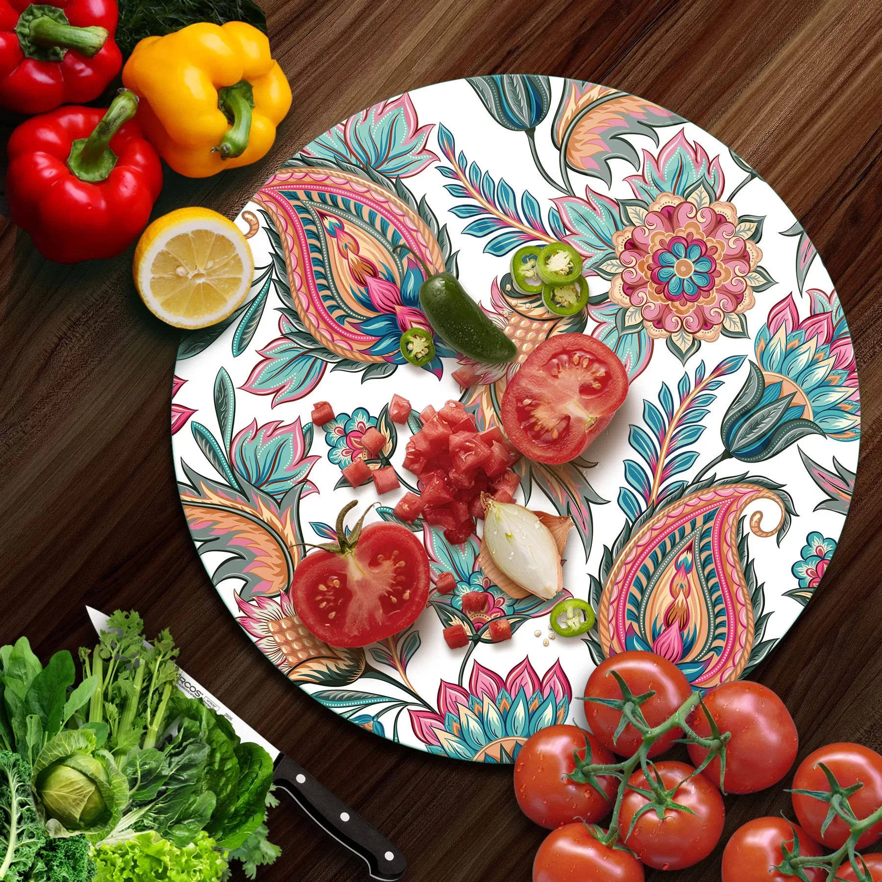 Picture of Decovetro Cam Kesme Tahtası ve Sunumluk Yuvarlak Sarmaşık Motifi Desenli 30x30 Cm