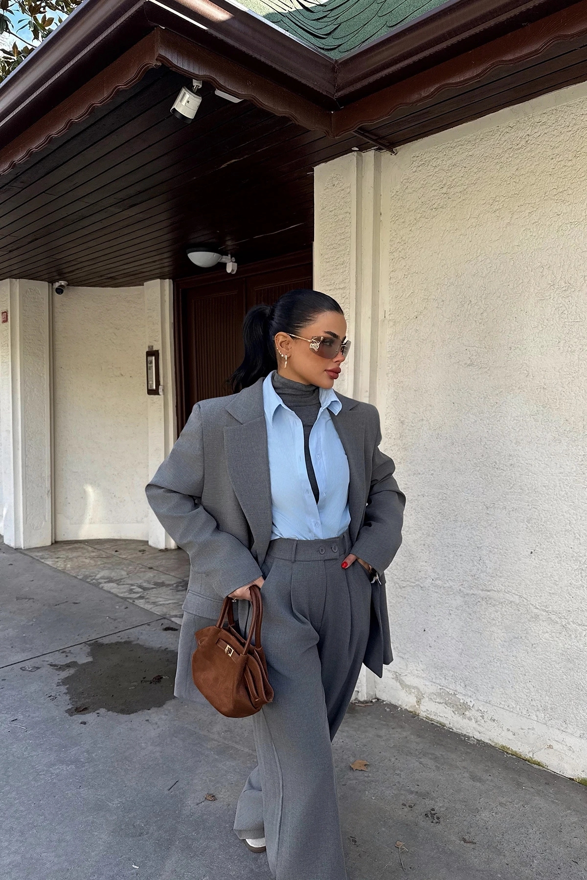 Picture of Grey Button Detail Trouser Suit