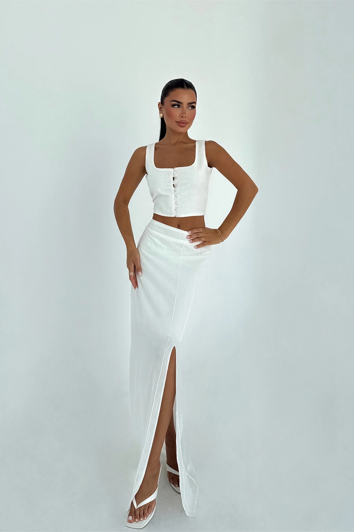 Picture of White Slit Detail Skirt Suit