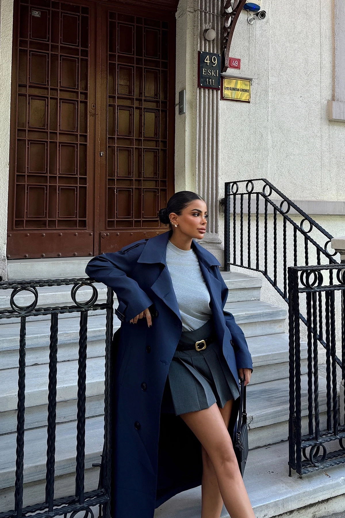 Picture of Navy Blue Sleeves Belted Trench Coat