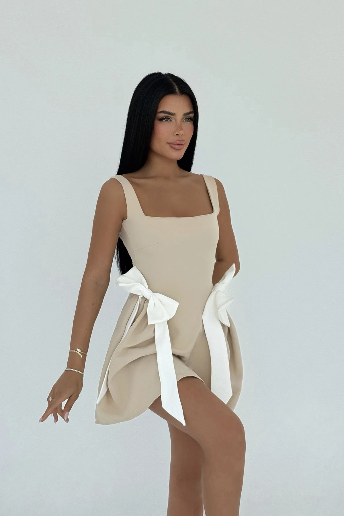 Picture of Beige Nellie Bow Detail Mini Dress