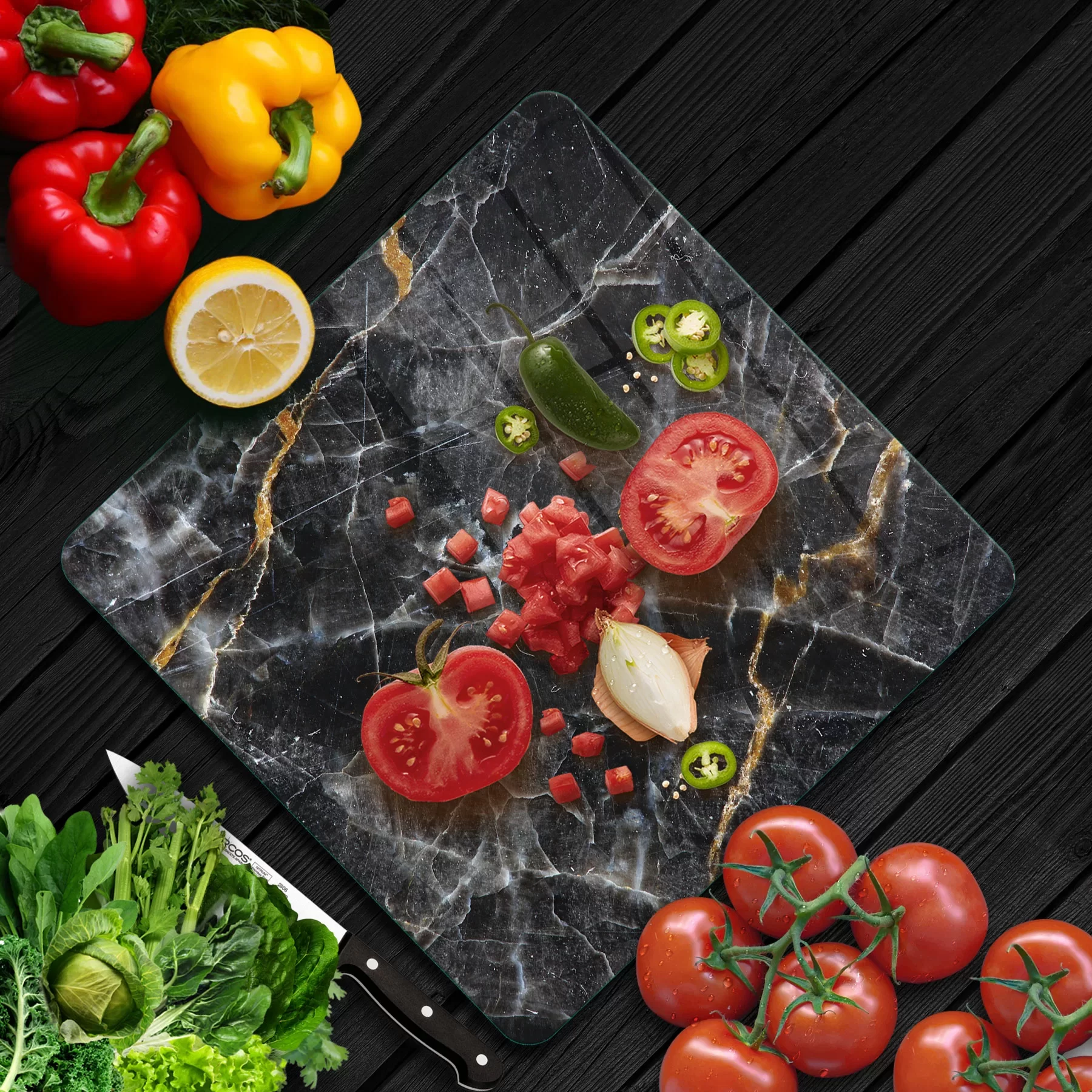 Picture of Decovetro Cam Kesme Tahtası ve Sunumluk Kare Siyah Mermer Desenli 30x30 Cm