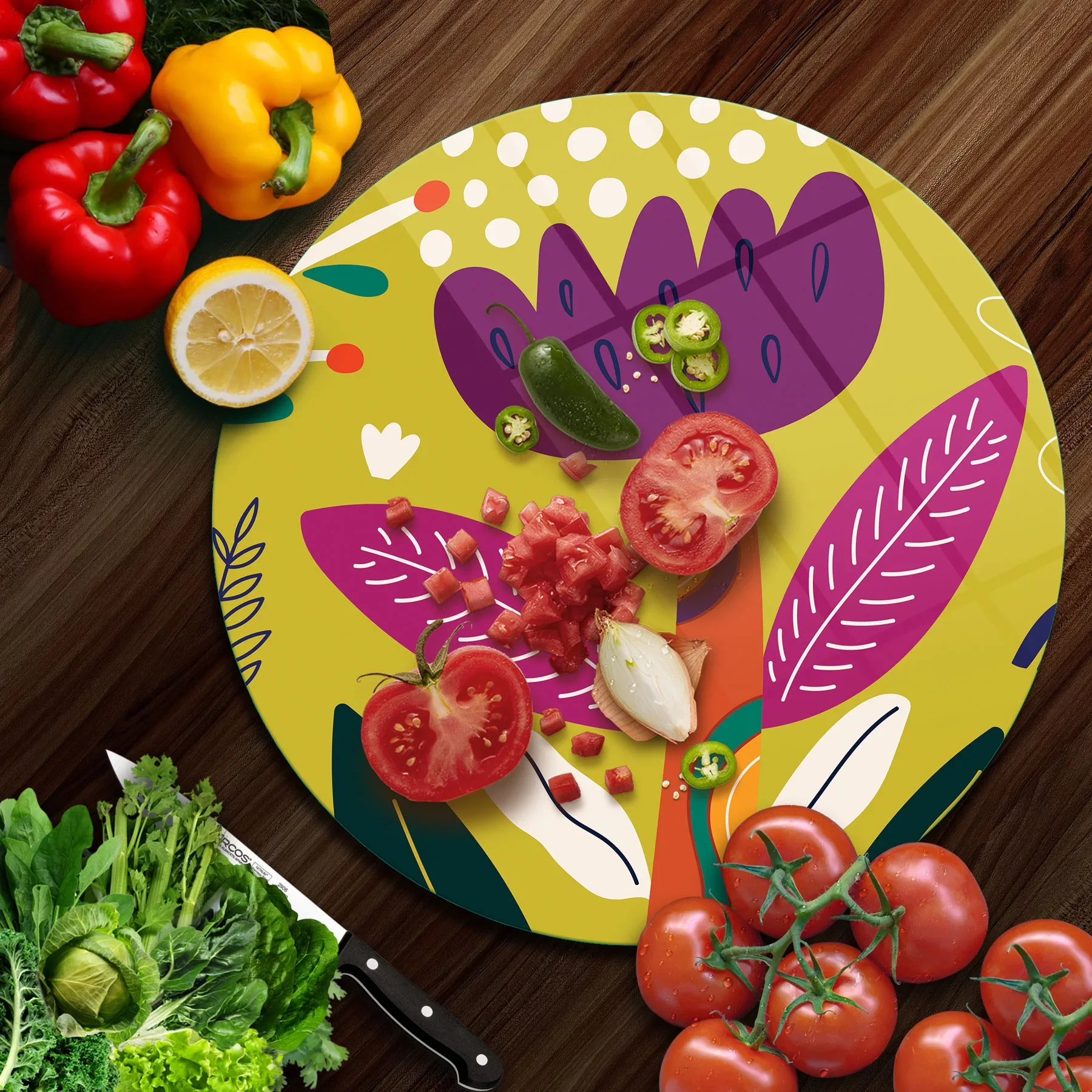 Picture of Decovetro Cam Kesme Tahtası ve Sunumluk Yuvarlak Yeşil Çiçek Desenli 30x30 Cm