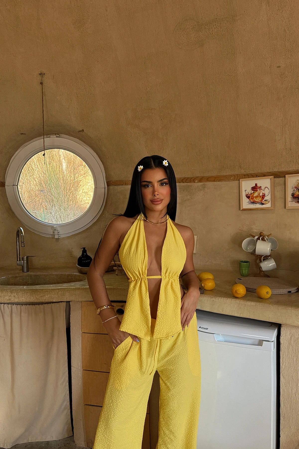 Picture of Yellow Corset Detailed Crop Trouser Set