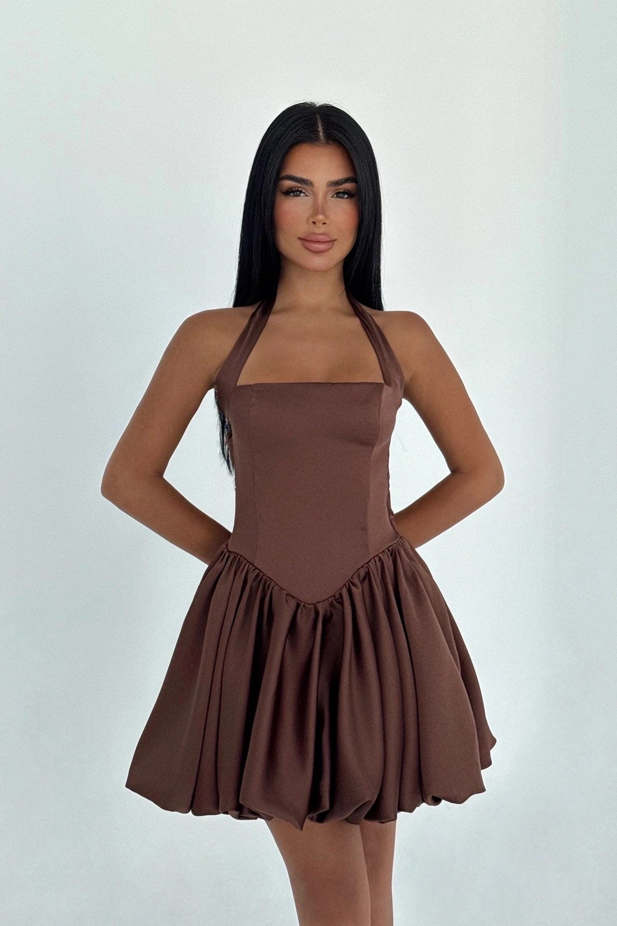 Picture of Brown Estella Mini Balloon Hem Dress