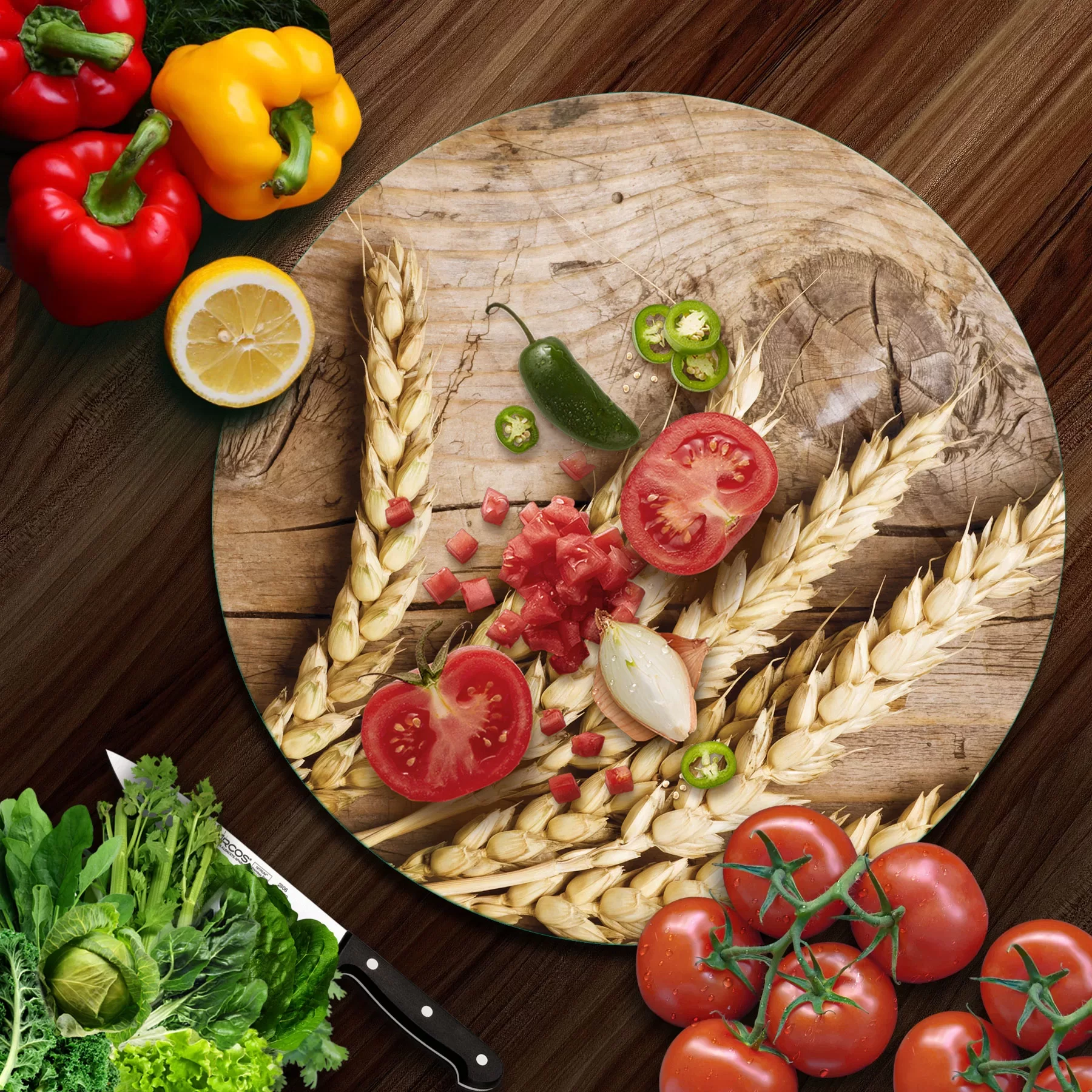 Picture of Decovetro Cam Kesme Tahtası ve Sunumluk Yuvarlak Burçak Desenli 30x30 Cm