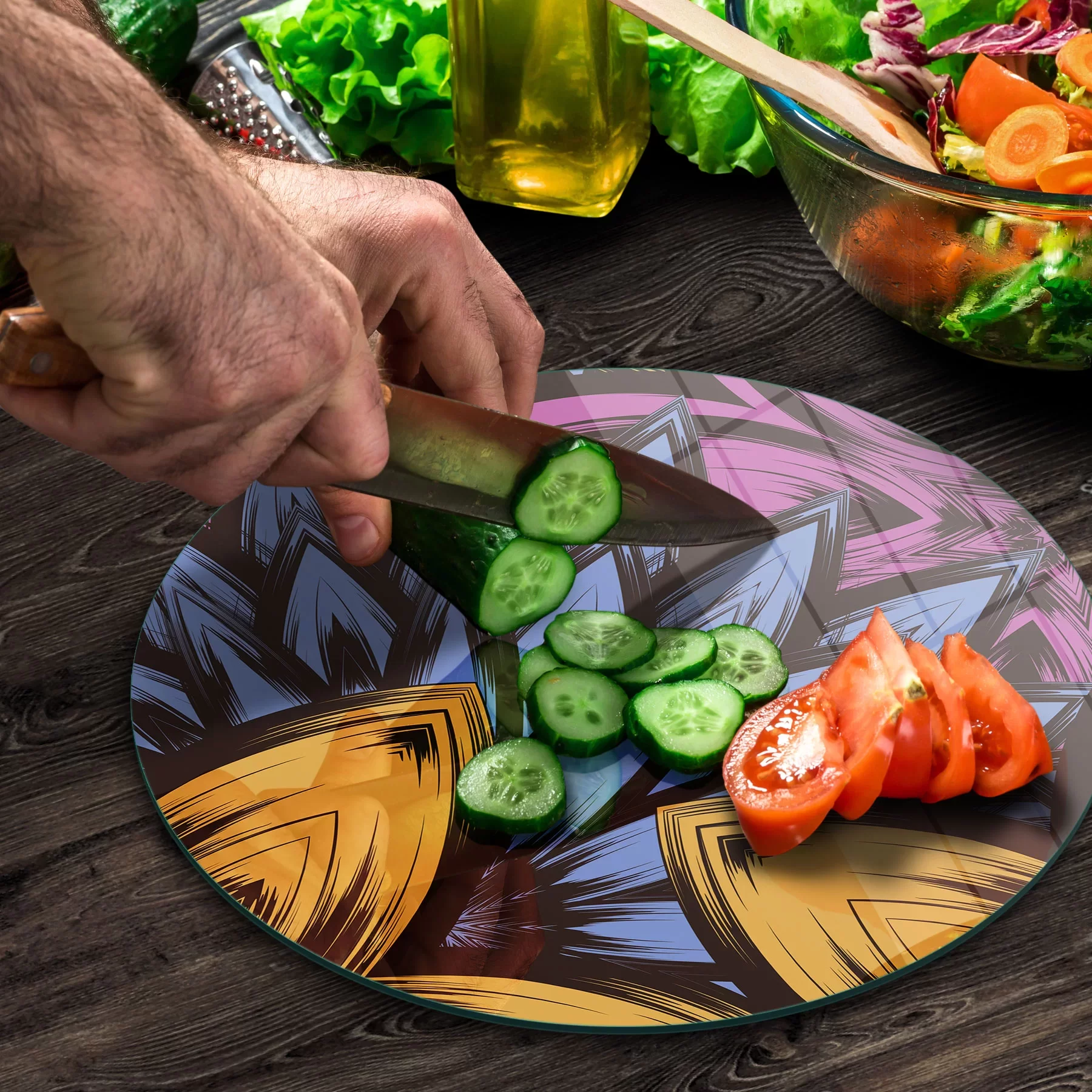 Picture of Decovetro Cam Kesme Tahtası ve Sunumluk Yuvarlak Dekoratif Çiçek Desenli 30x30 Cm