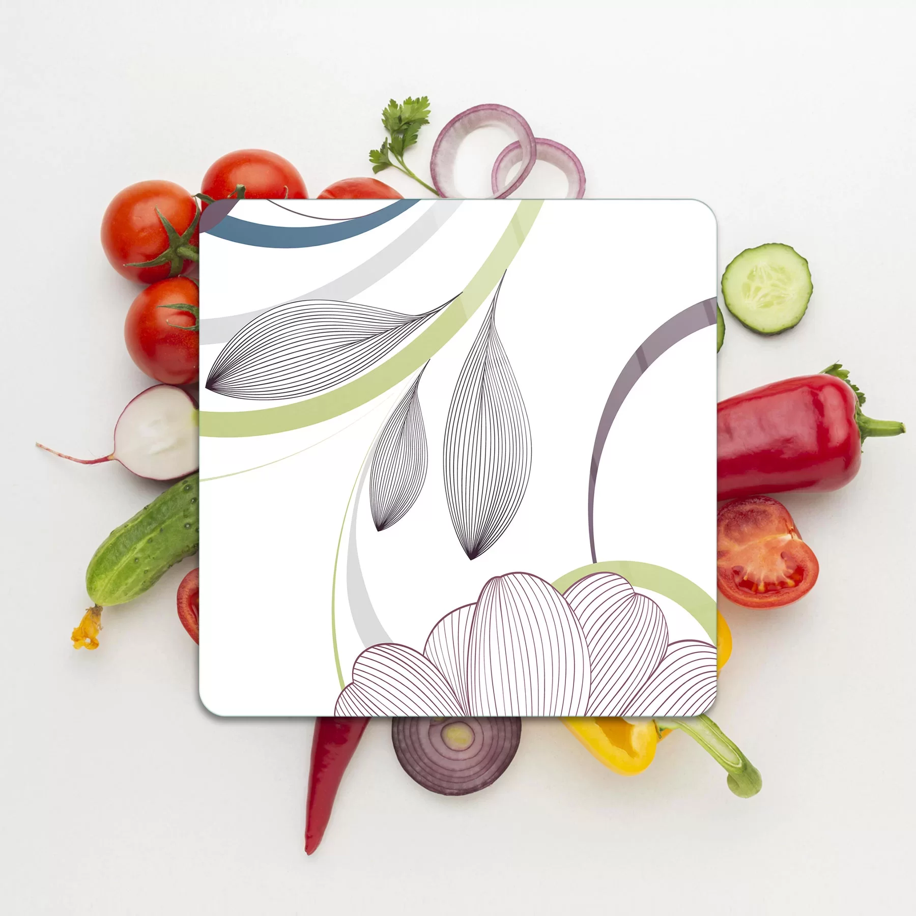 Picture of Decovetro Cam Kesme Tahtası ve Sunumluk Kare Çizgi Çiçek Desenli 30x30 Cm