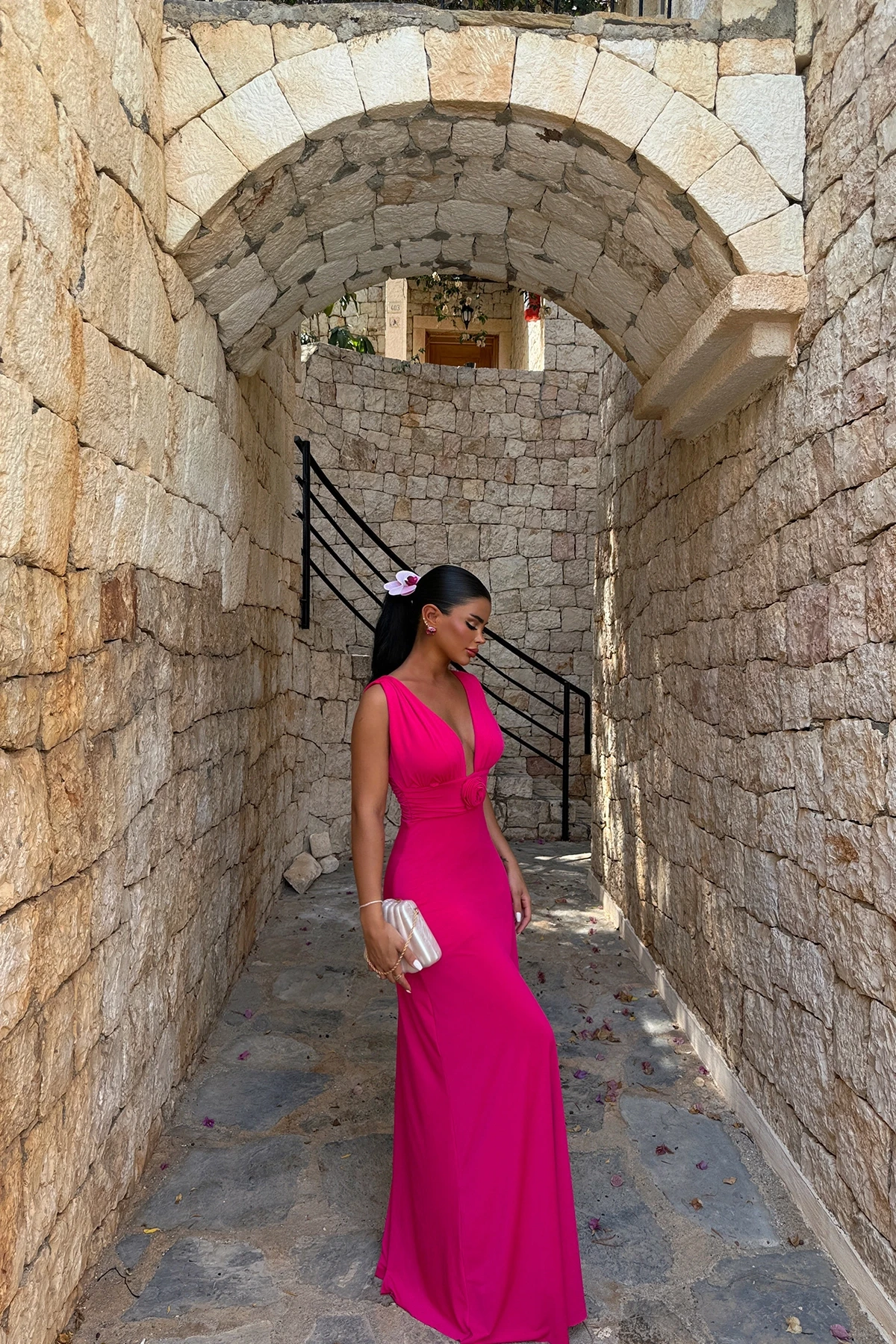 Picture of Fuchsia Isolated Rose Detailed Dress