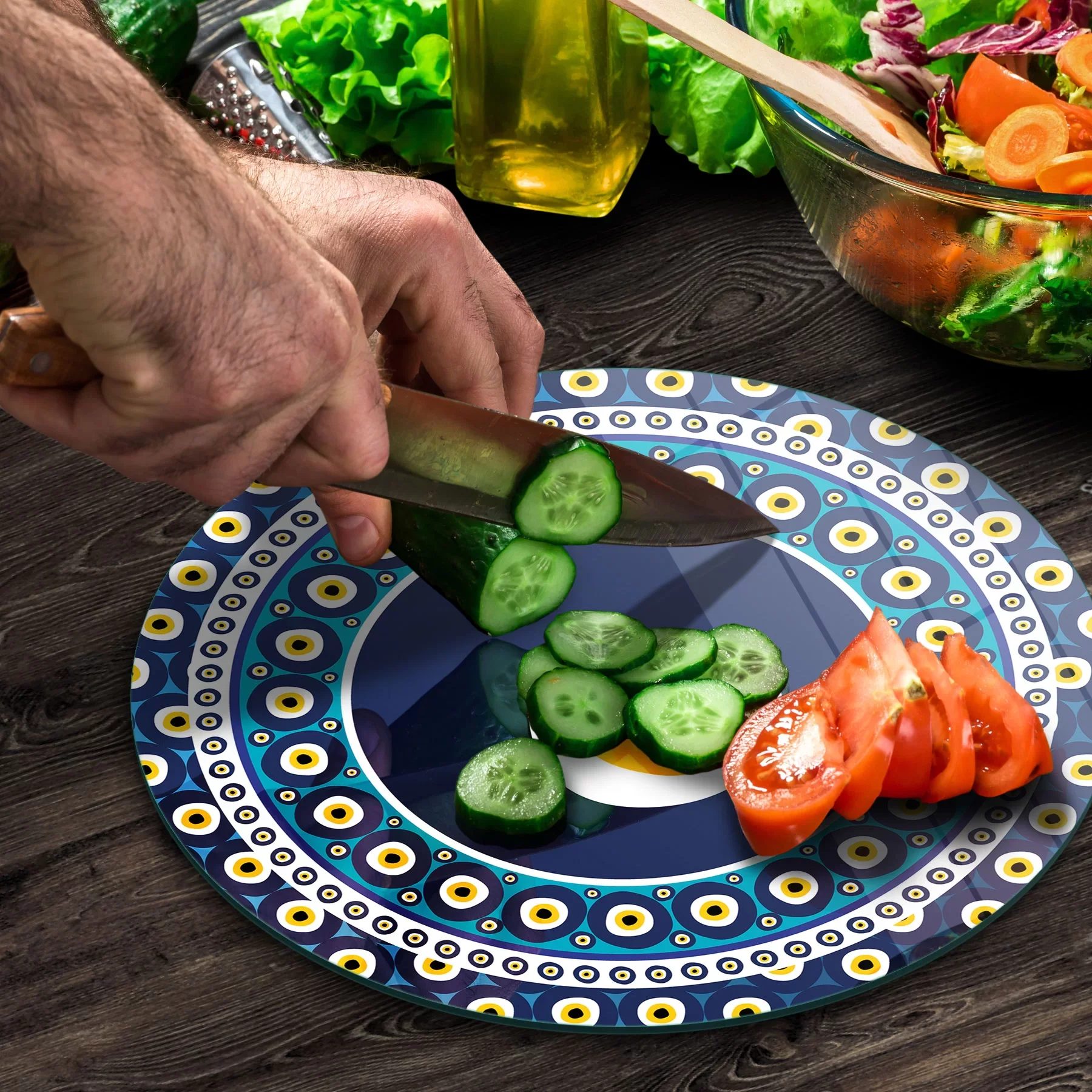 Picture of Decovetro Cam Kesme Tahtası ve Sunumluk Yuvarlak Büyük Nazar Boncuğu Desenli 30x30 Cm