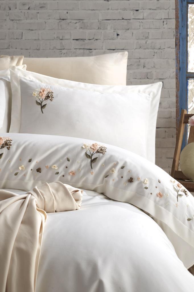 Picture of Narissa Nakışlı %100 Pamuk Saten Çift Kişilik Nevresim Takımı Ekru