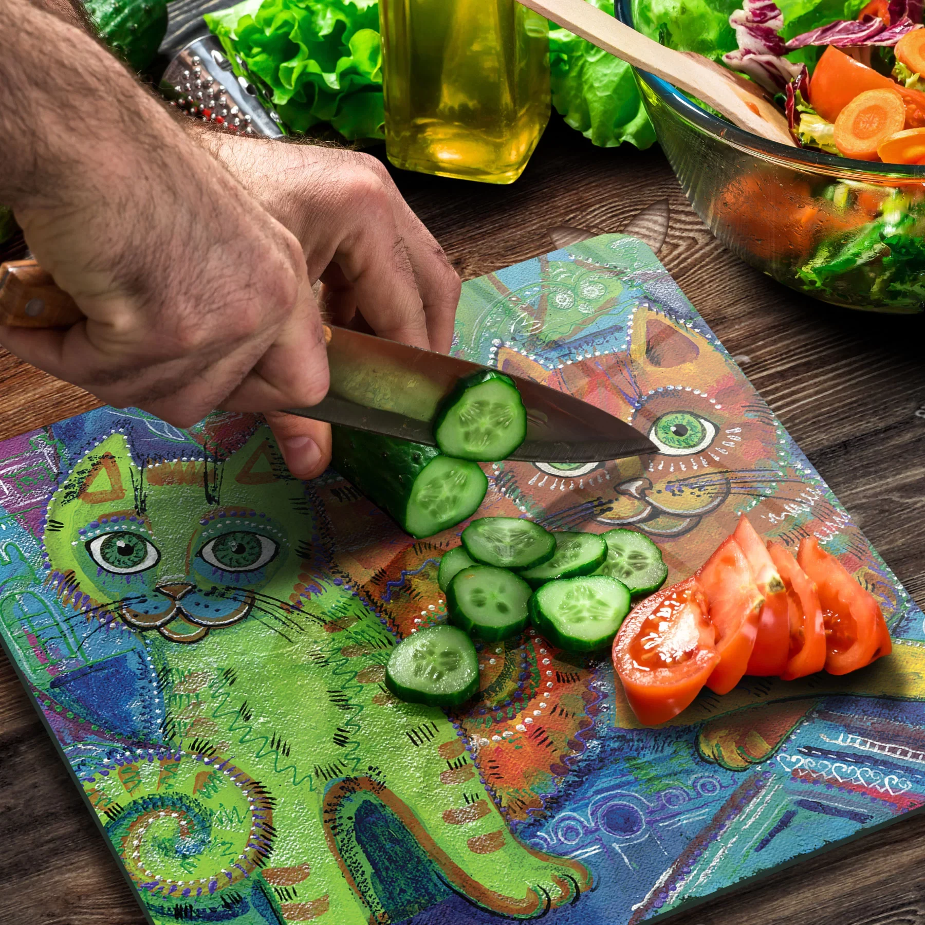 Picture of Decovetro Cam Kesme Tahtası ve Sunumluk Kare Kedi Desenli 30x30 Cm